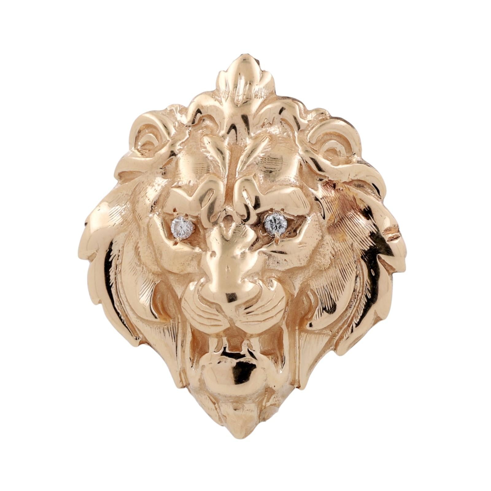 Lion Head Pendant Charm with Diamond Eyes 3D 14K Yellow Gold 0.06 TW 1.29"