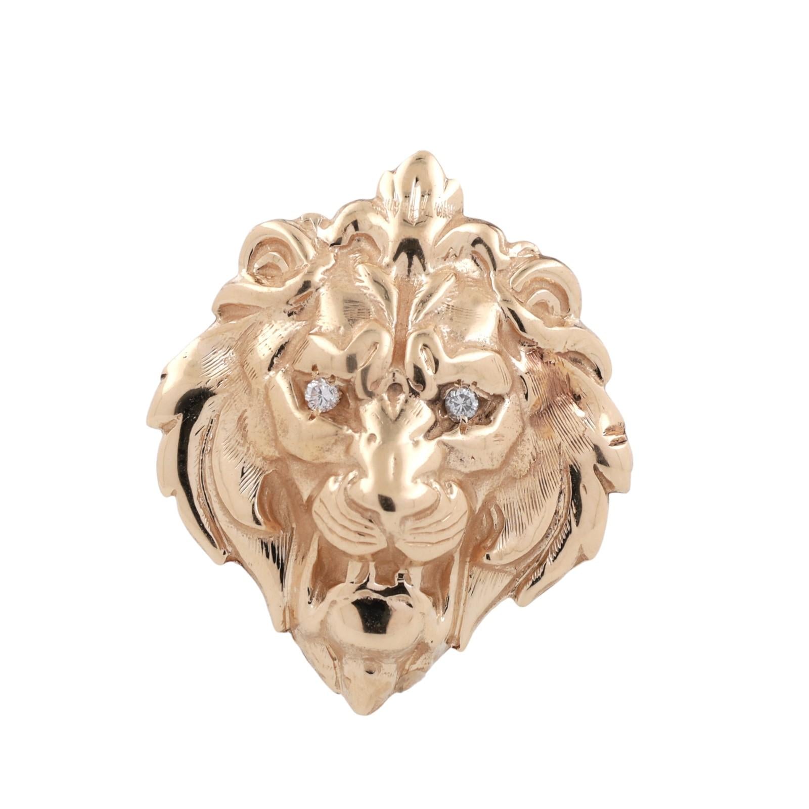 Lion Head Pendant Charm with Diamond Eyes 3D 14K Yellow Gold 0.06 TW 1.29"