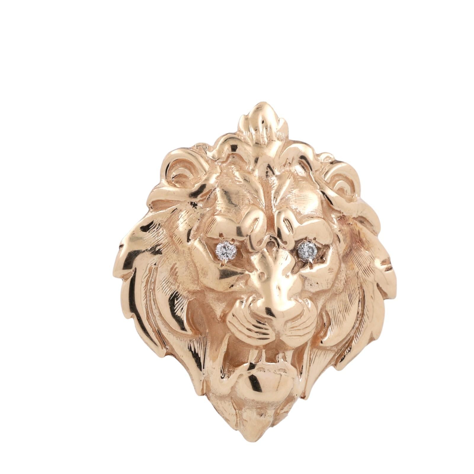 Lion Head Pendant Charm with Diamond Eyes 3D 14K Yellow Gold 0.06 TW 1.29"