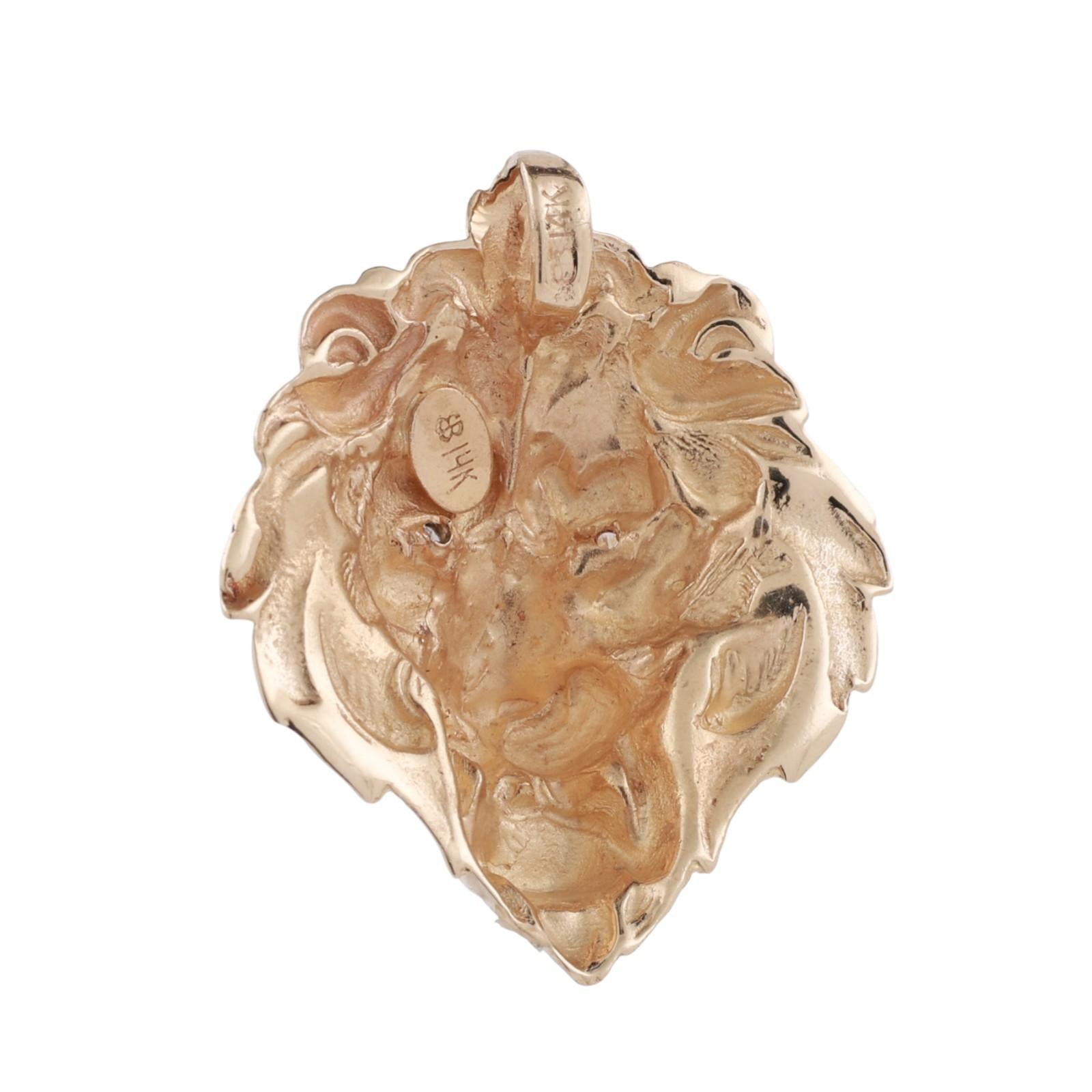 Lion Head Pendant Charm with Diamond Eyes 3D 14K Yellow Gold 0.06 TW 1.29"