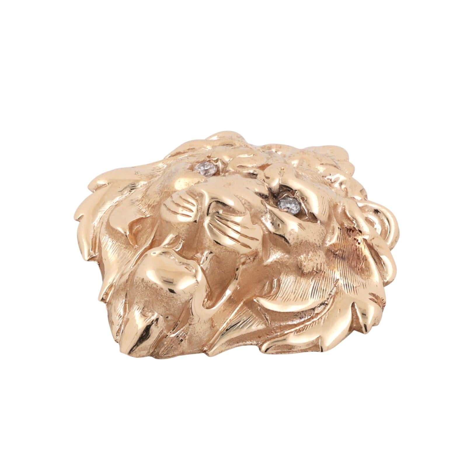 Lion Head Pendant Charm with Diamond Eyes 3D 14K Yellow Gold 0.06 TW 1.29"
