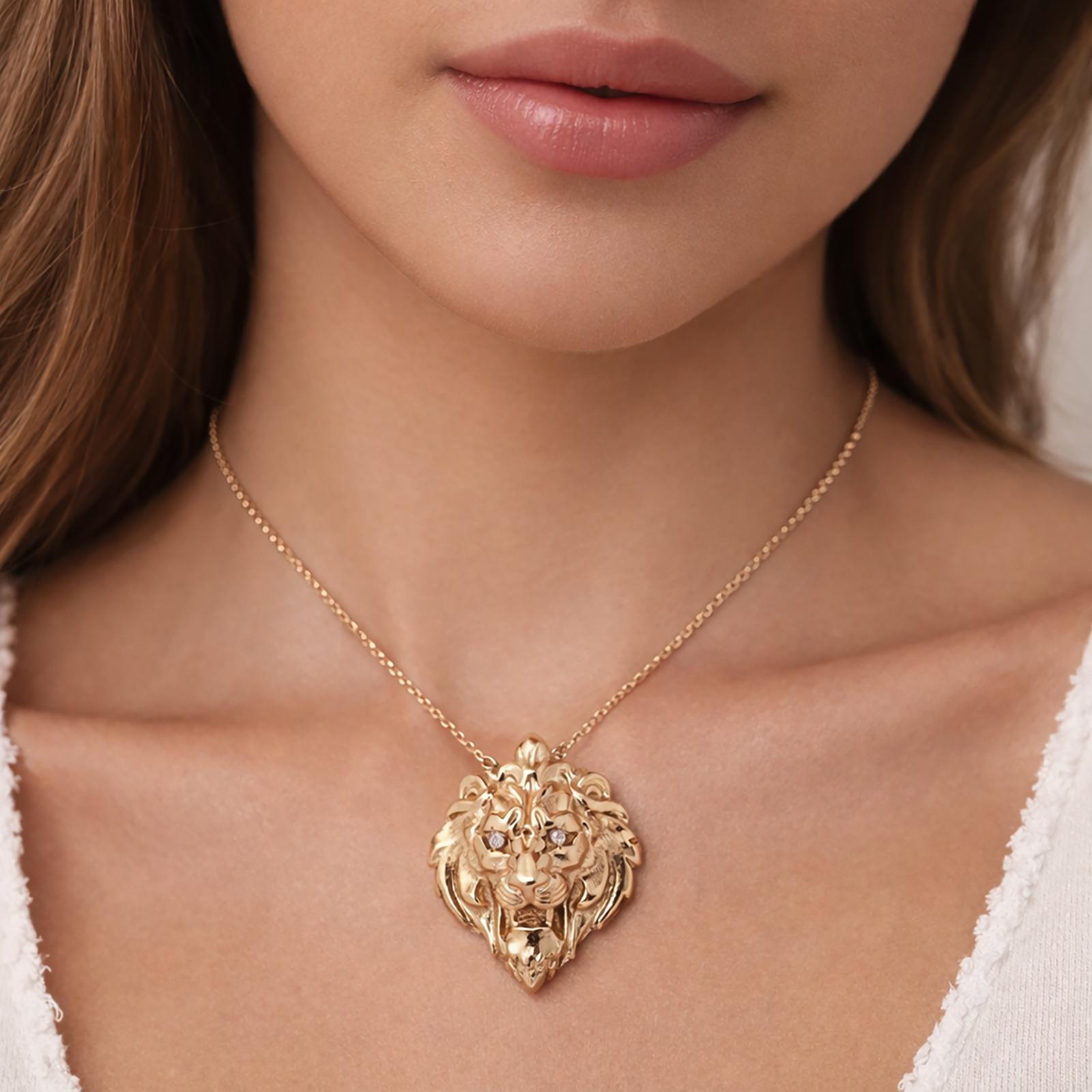 Lion Head Pendant Charm with Diamond Eyes 3D 14K Yellow Gold 0.06 TW 1.29"