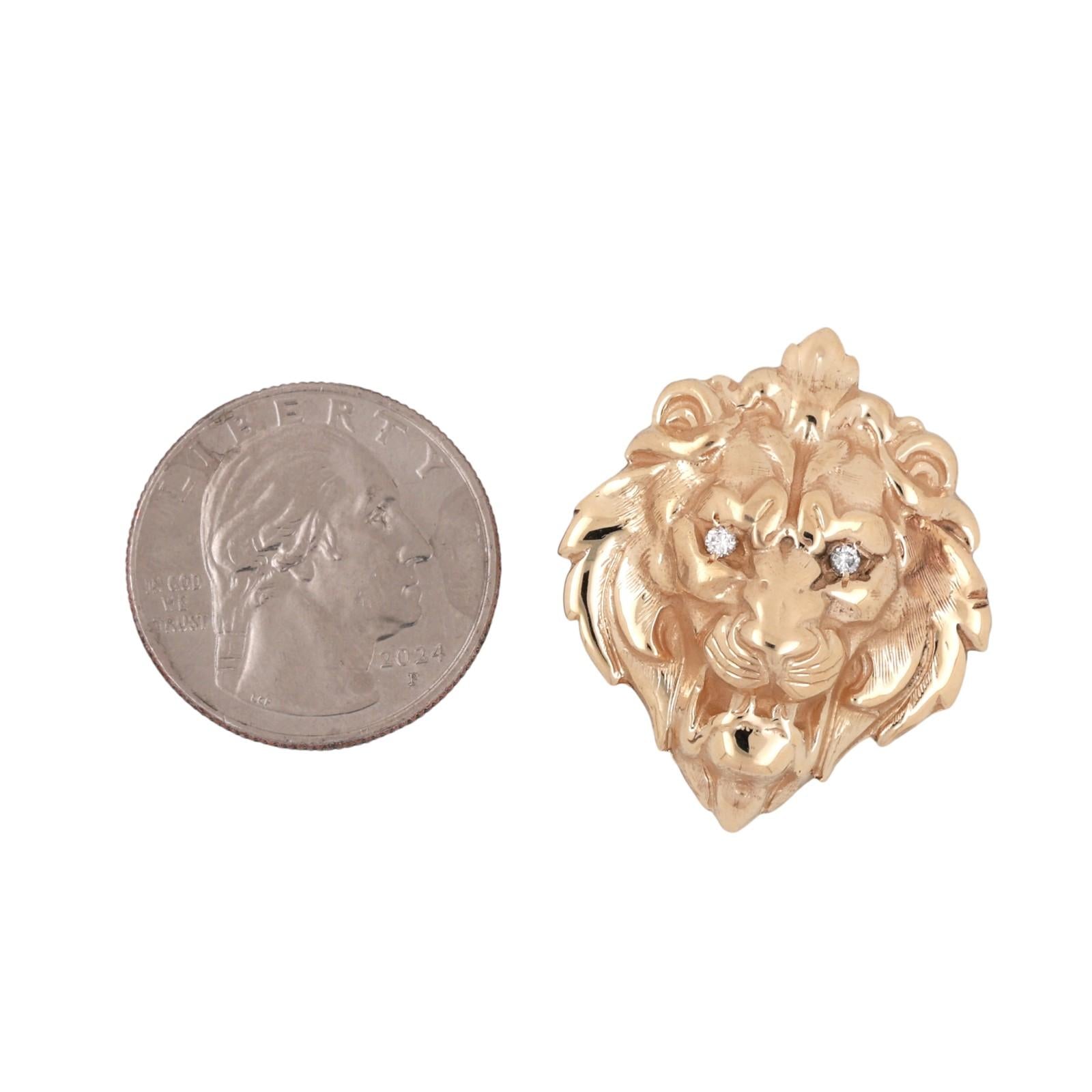 Lion Head Pendant Charm with Diamond Eyes 3D 14K Yellow Gold 0.06 TW 1.29"