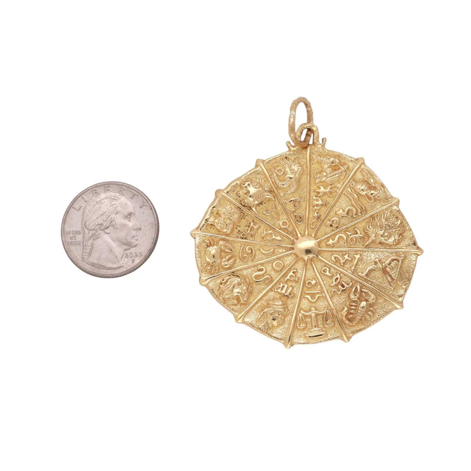 18K Gold Zodiac Astrology Wheel Pendant 2.55" Large Estate
