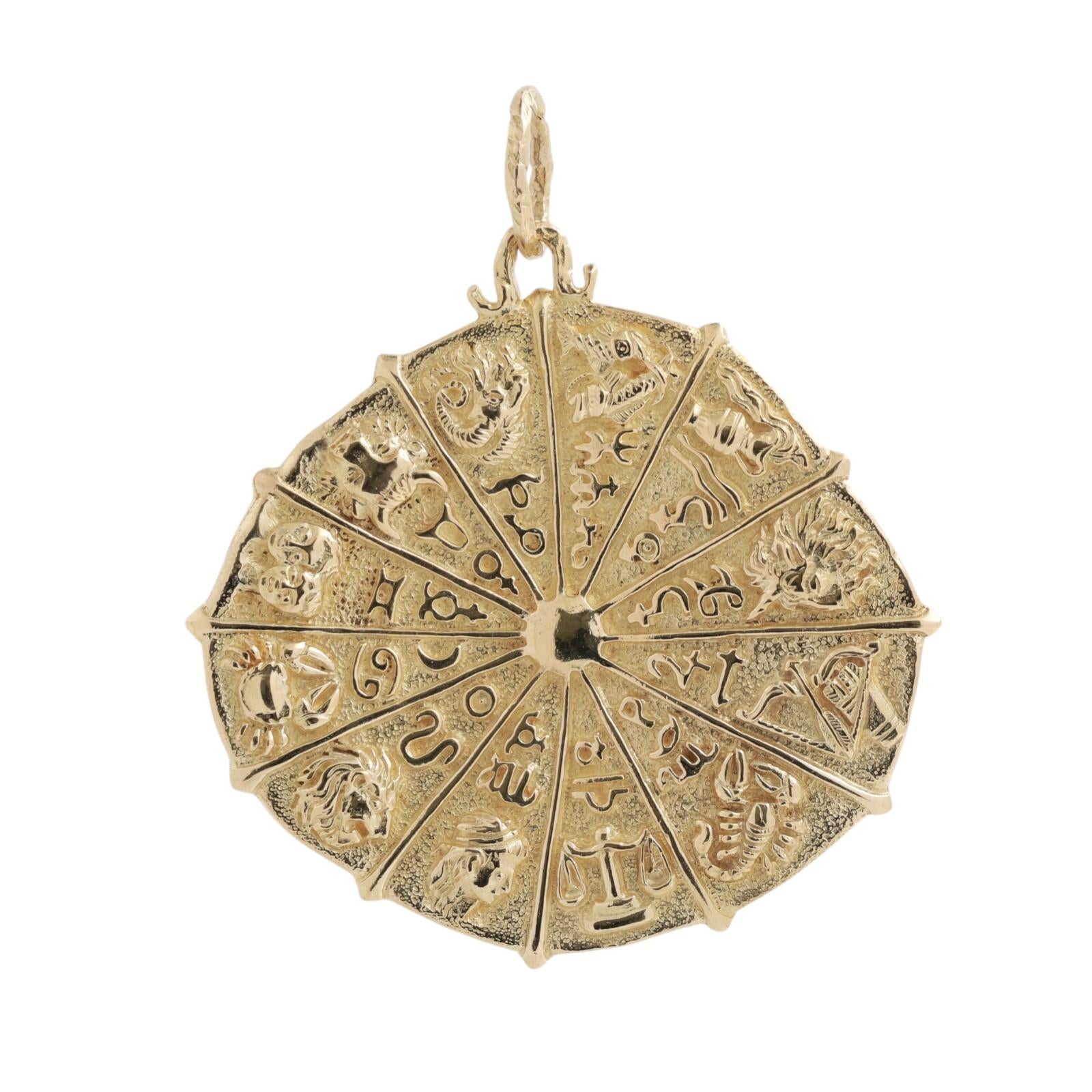 18K Gold Zodiac Astrology Wheel Pendant 2.55" Large Estate