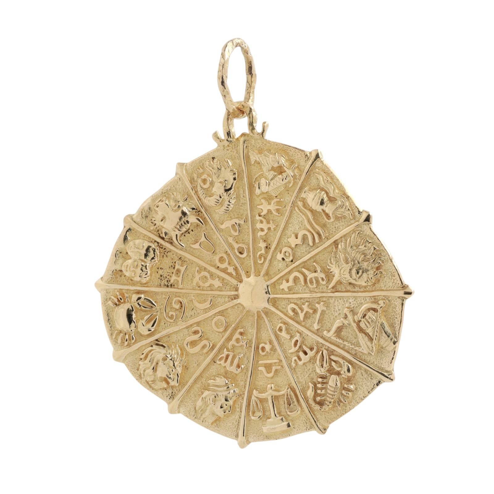 18K Gold Zodiac Astrology Wheel Pendant 2.55" Large Estate