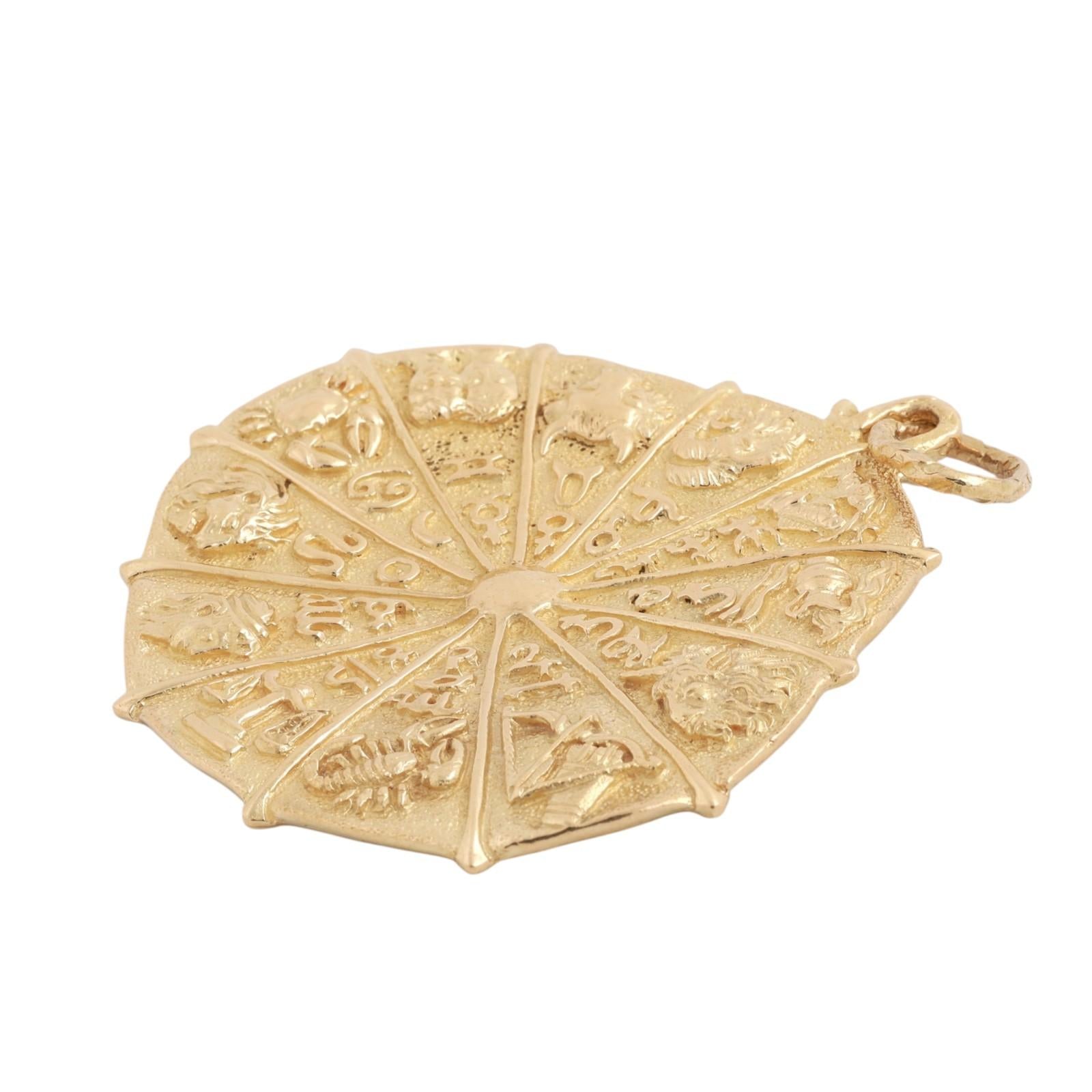 18K Gold Zodiac Astrology Wheel Pendant 2.55" Large Estate