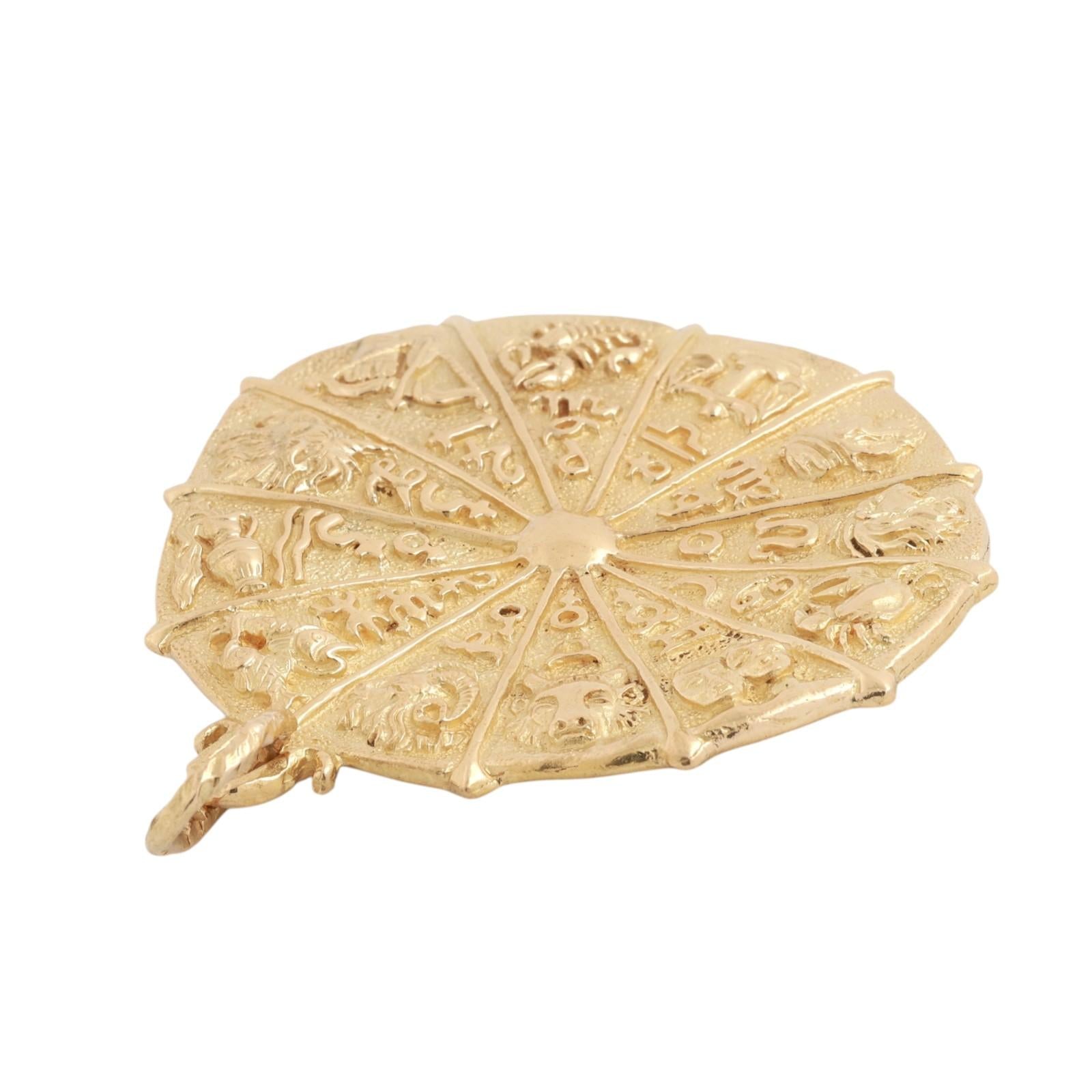 18K Gold Zodiac Astrology Wheel Pendant 2.55" Large Estate