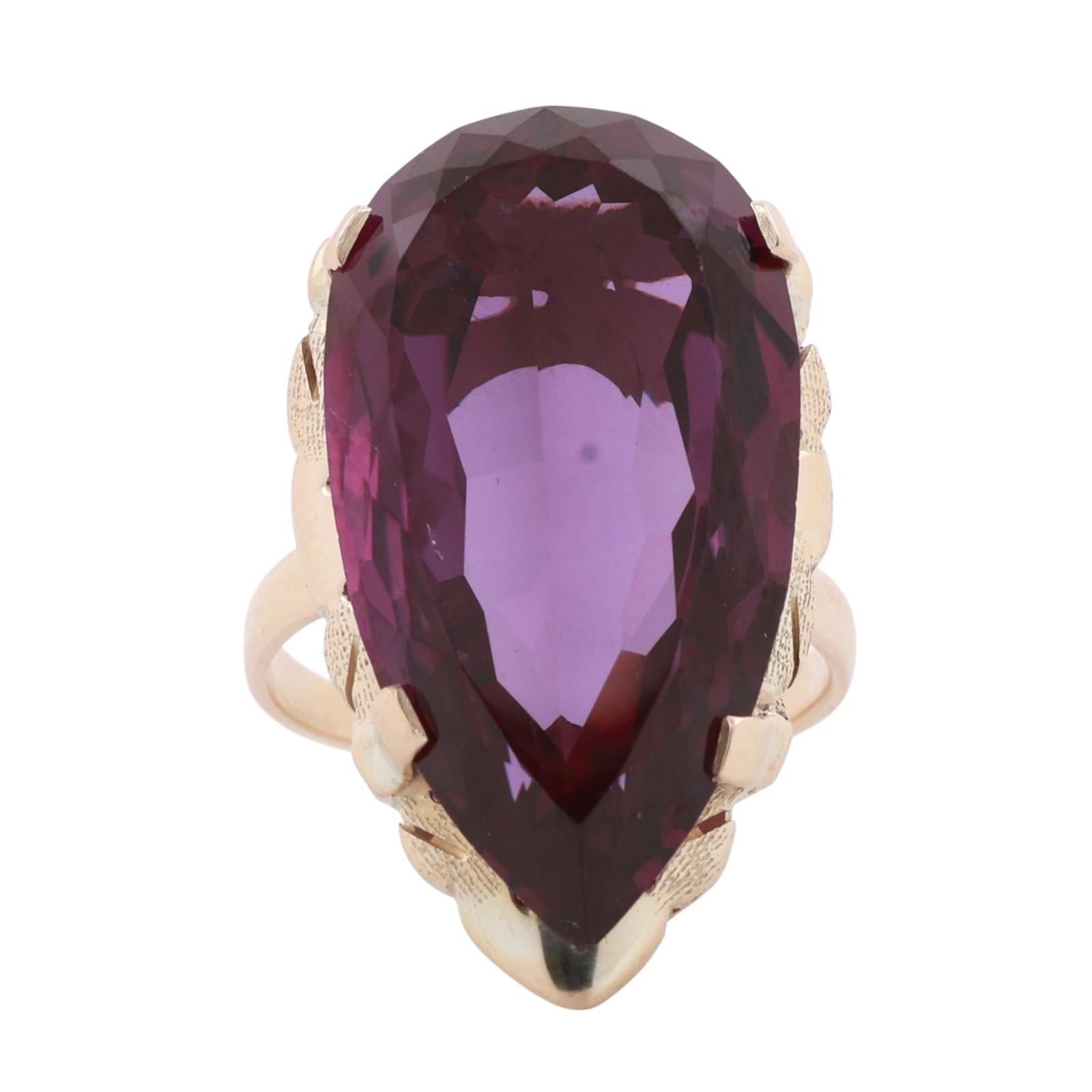 Large Pear Cut Purple Alexandrite Ring 10K Yellow Gold Statement Cocktail Ring 9