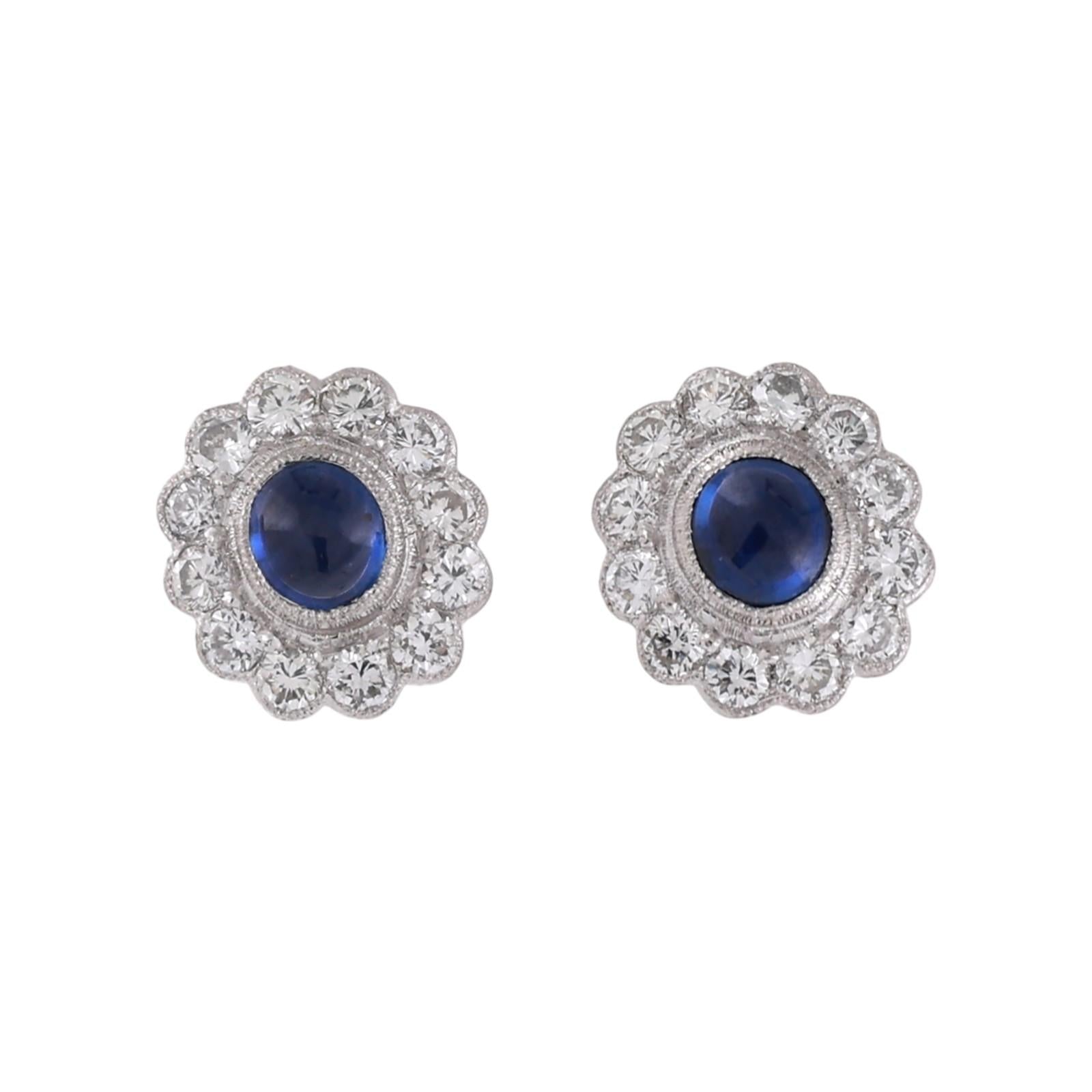 Platinum Blue Sapphire Diamond Halo Stud Earrings 1.32CTW Cabochon Oval Estate
