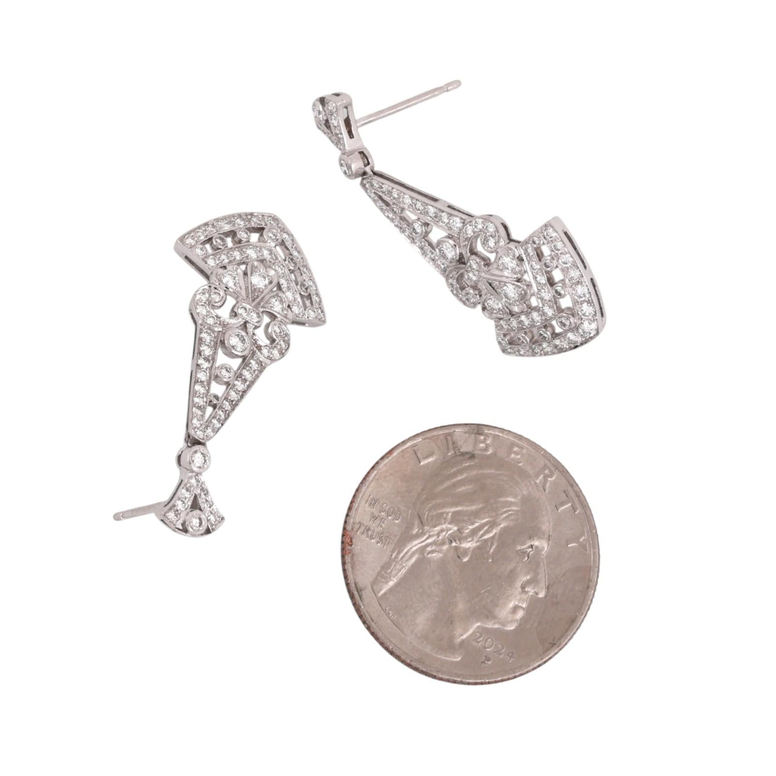 Vintage 2.25 TW Diamond Filigree Chandelier Earrings Platinum 1.25" Ladies