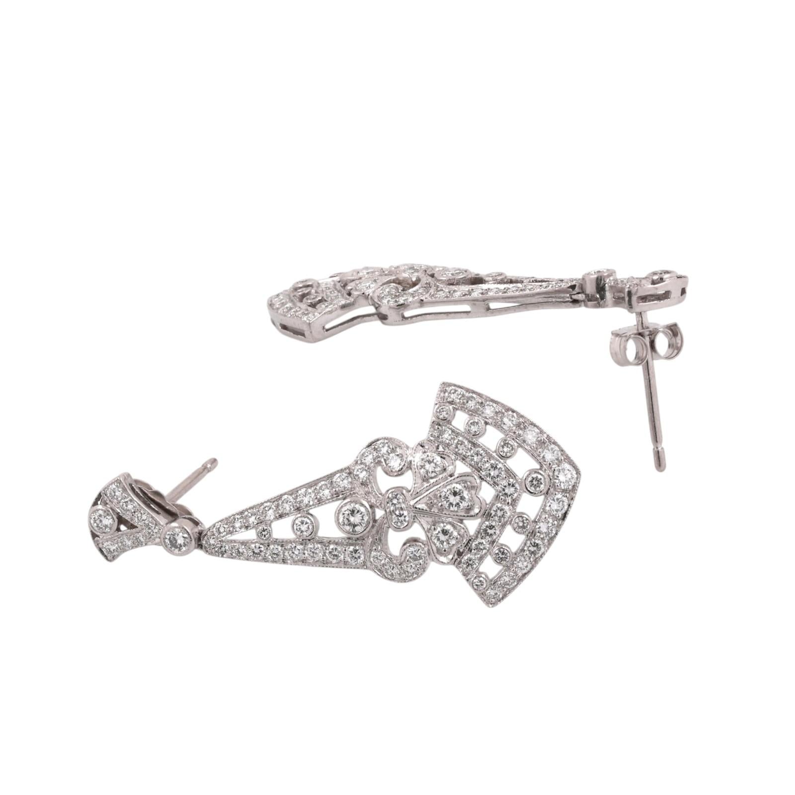 Vintage 2.25 TW Diamond Filigree Chandelier Earrings Platinum 1.25" Ladies