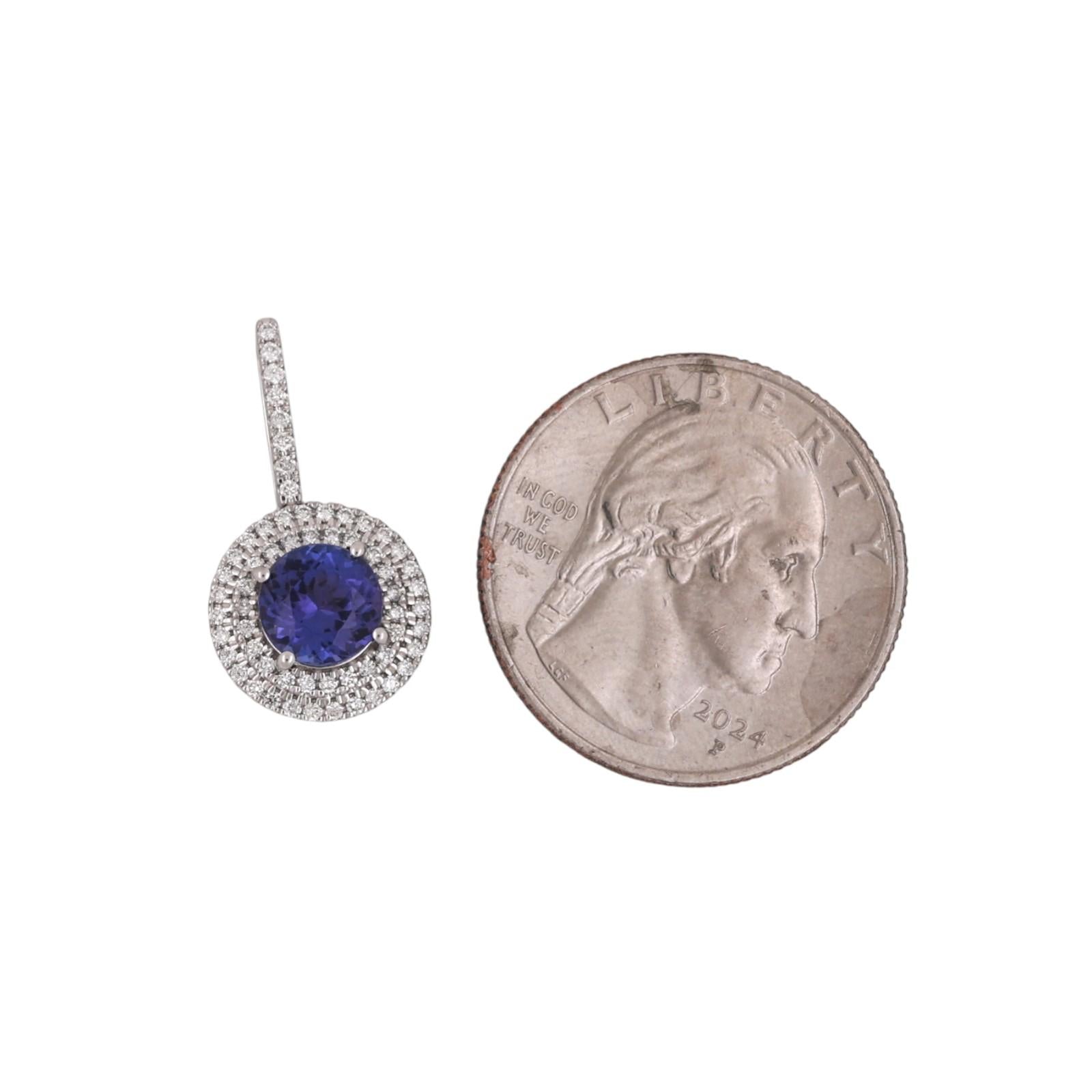 Platinum Round Tanzanite Halo Diamond Pendant Charm 1.70 CTW 0.85" Estate