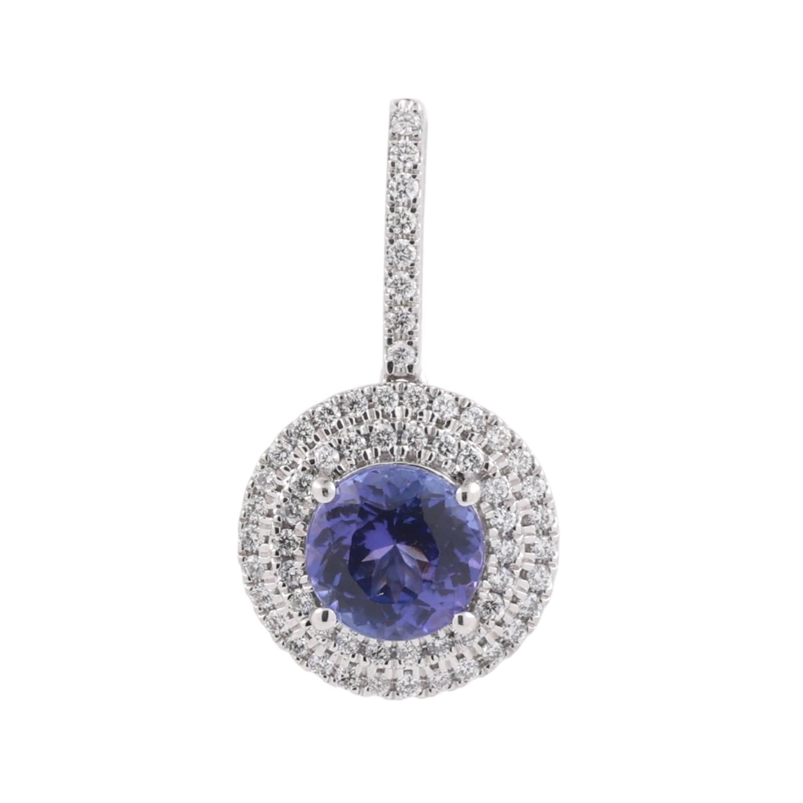 Platinum Round Tanzanite Halo Diamond Pendant Charm 1.70 CTW 0.85" Estate
