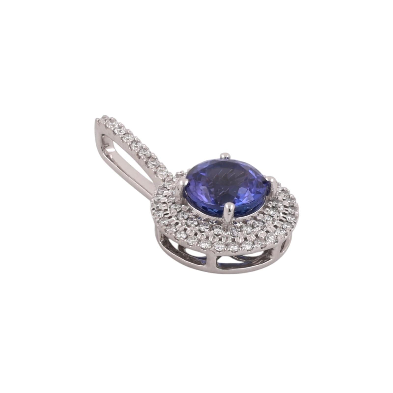 Platinum Round Tanzanite Halo Diamond Pendant Charm 1.70 CTW 0.85" Estate