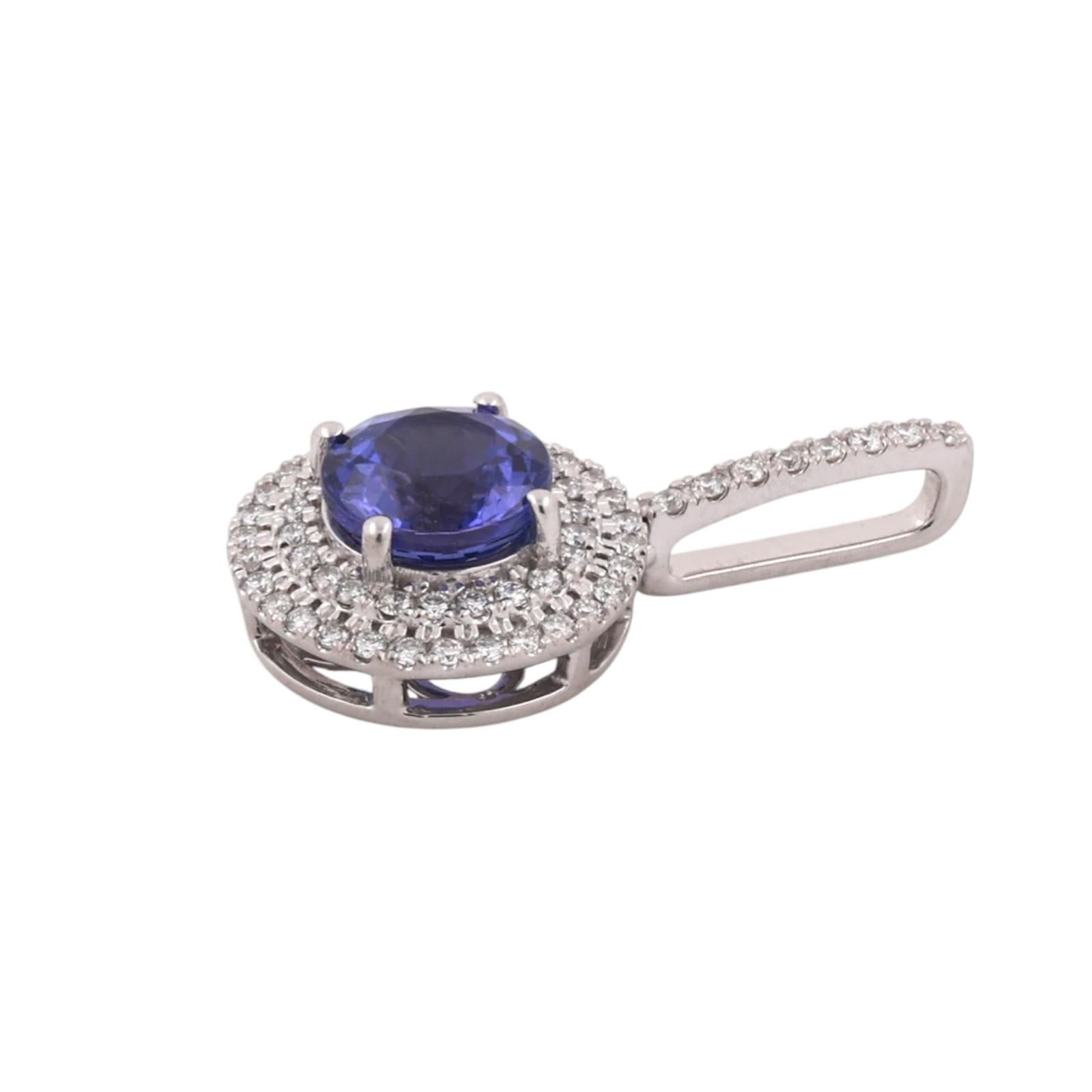 Platinum Round Tanzanite Halo Diamond Pendant Charm 1.70 CTW 0.85" Estate