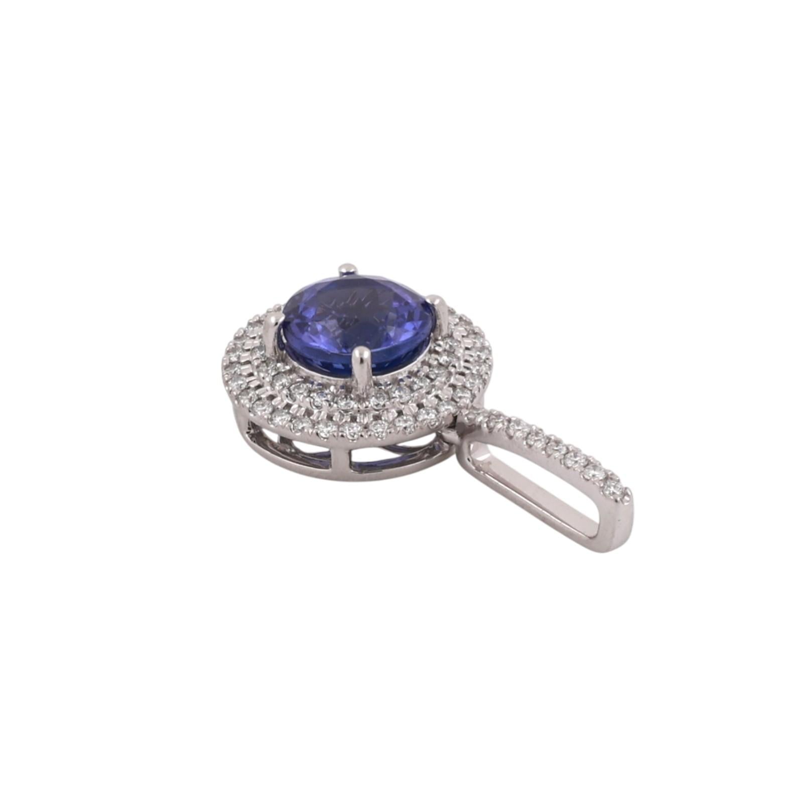 Platinum Round Tanzanite Halo Diamond Pendant Charm 1.70 CTW 0.85" Estate