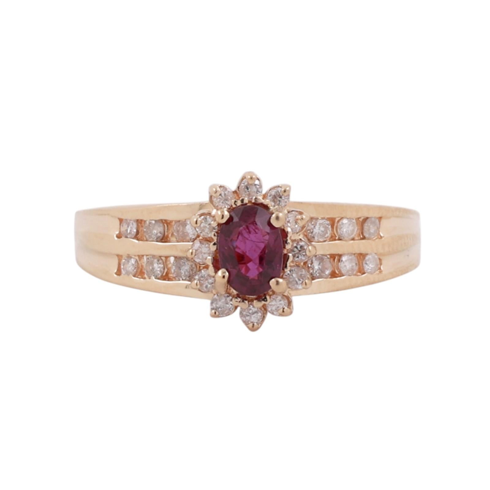 Ruby Halo Diamond Floral Ring 14K Yellow Gold 1.05 CTW Size 10 Ladies Estate