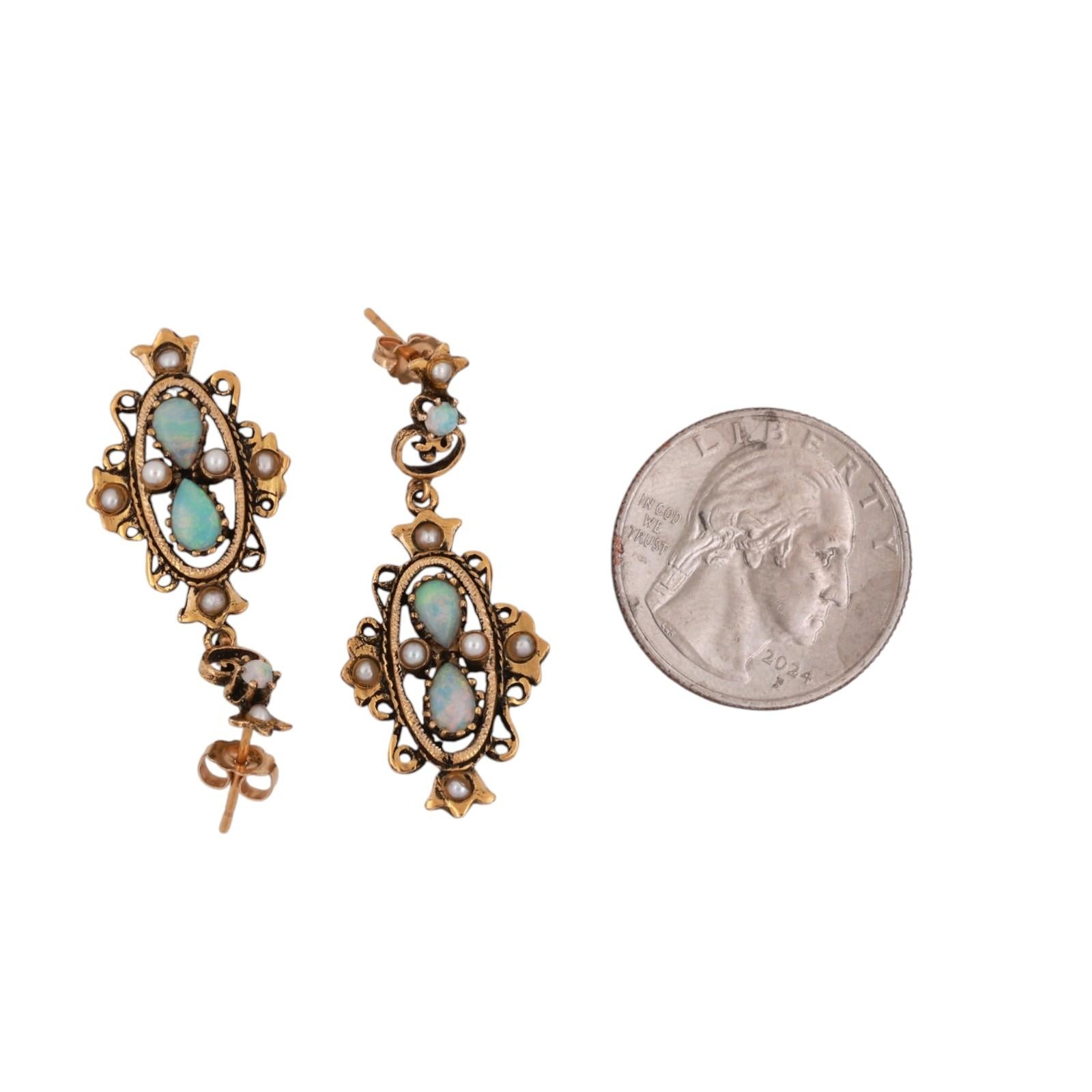 Vintage Opal Pearl Filigree Drop Dangle Earrings 14K Yellow Gold 0.80 CTW 1.45"
