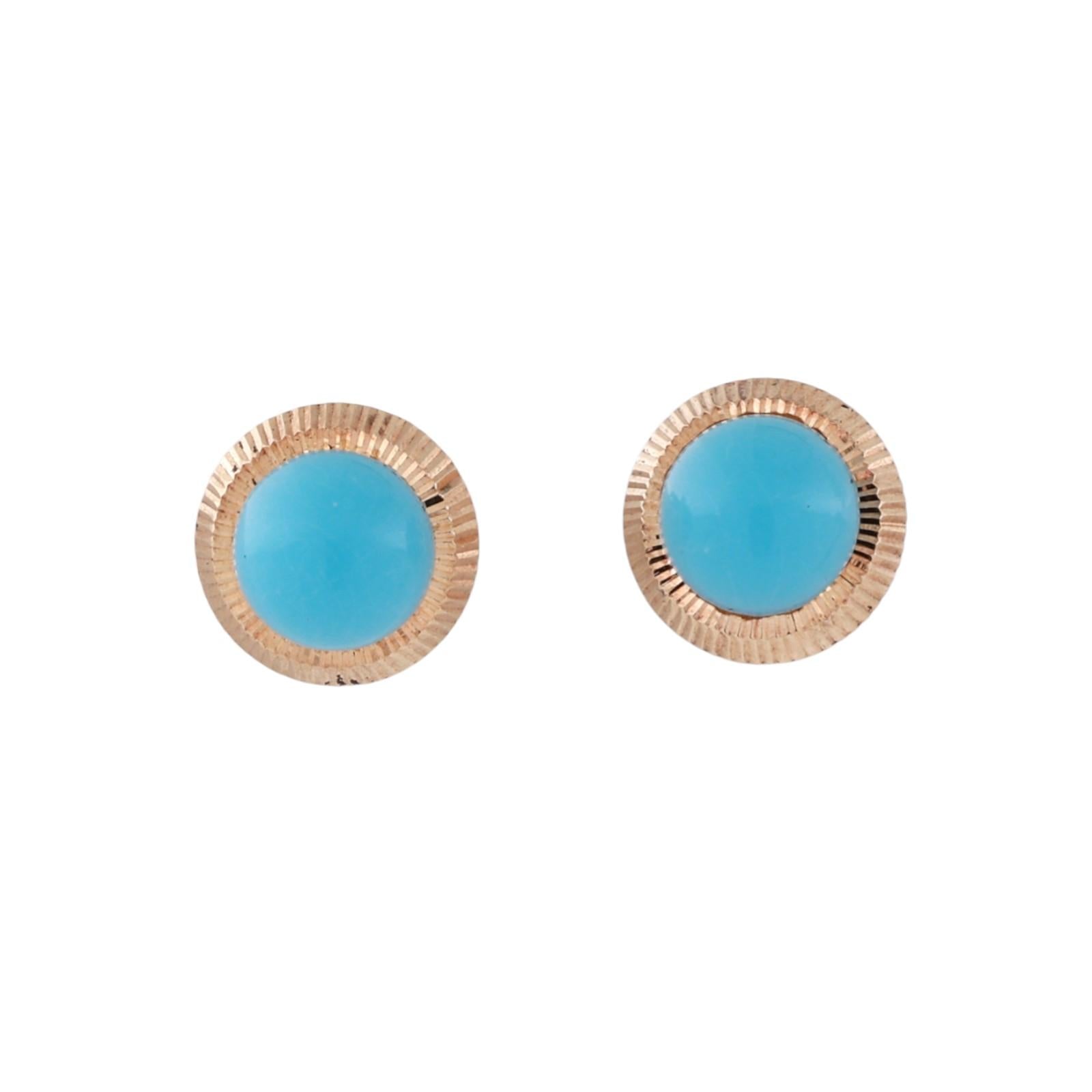 Round Turquoise Cabochon Stud Earrings 14K Yellow Gold Ladies Estate
