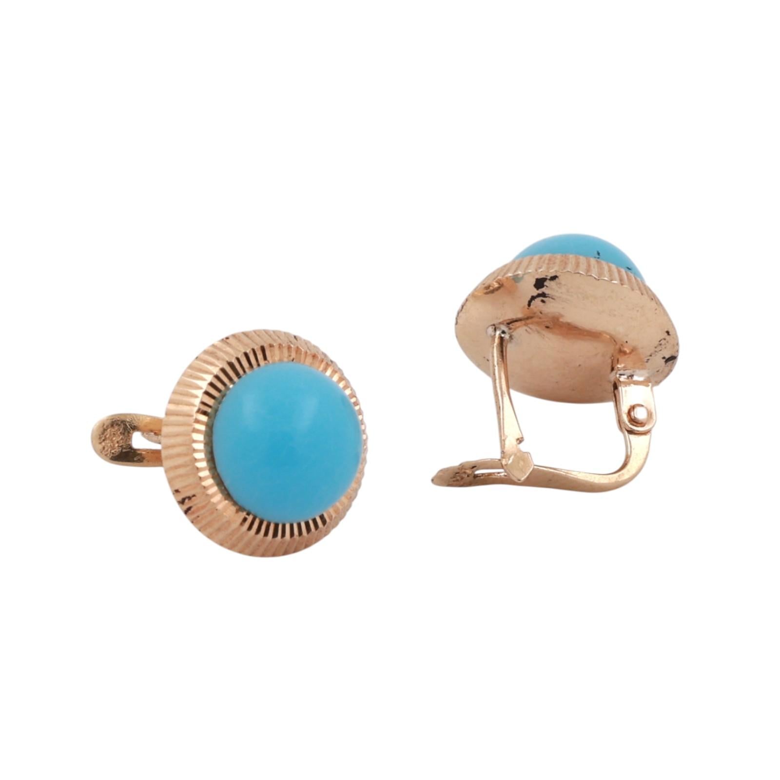 Round Turquoise Cabochon Stud Earrings 14K Yellow Gold Ladies Estate