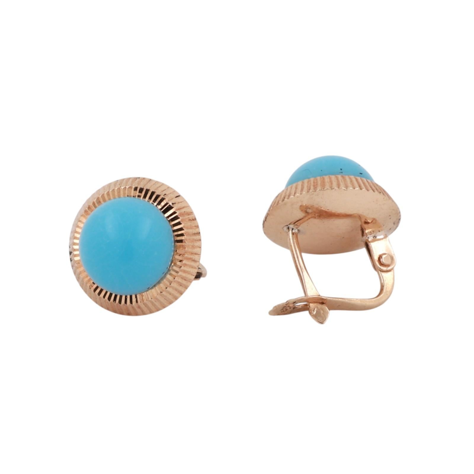 Round Turquoise Cabochon Stud Earrings 14K Yellow Gold Ladies Estate