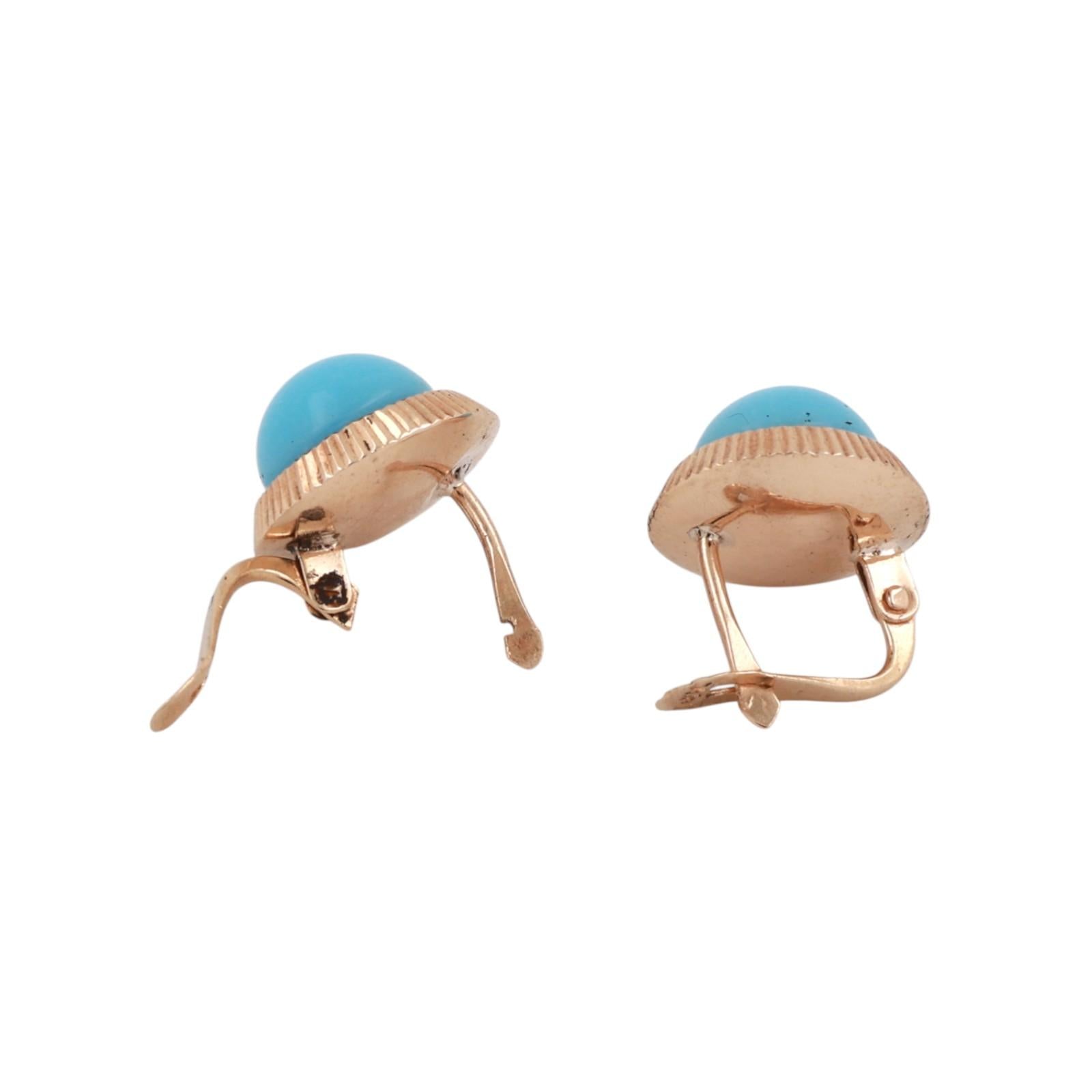 Round Turquoise Cabochon Stud Earrings 14K Yellow Gold Ladies Estate