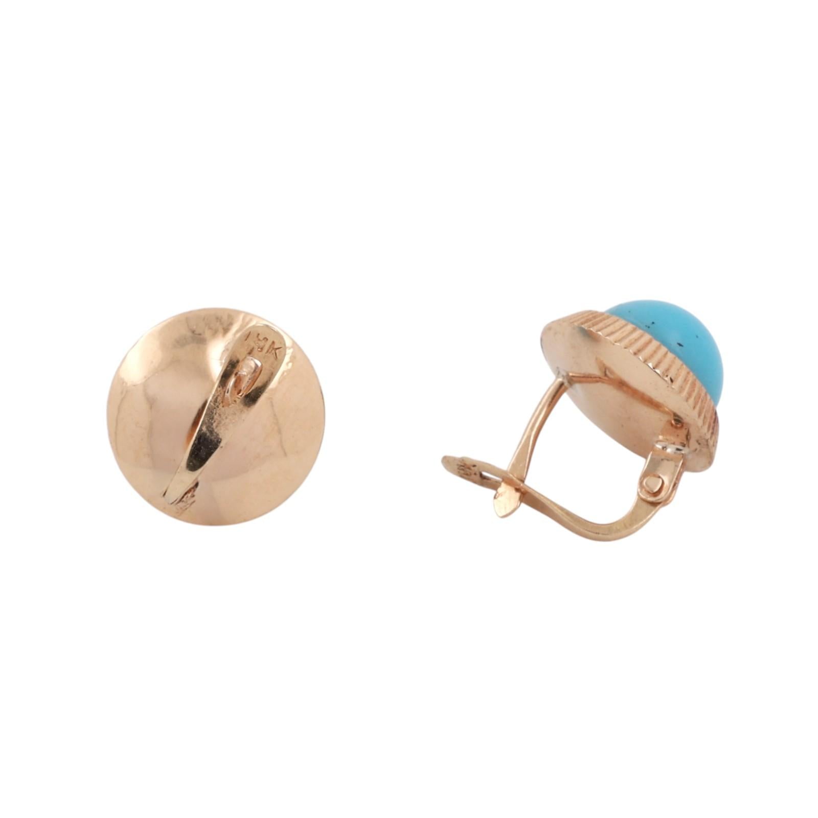 Round Turquoise Cabochon Stud Earrings 14K Yellow Gold Ladies Estate