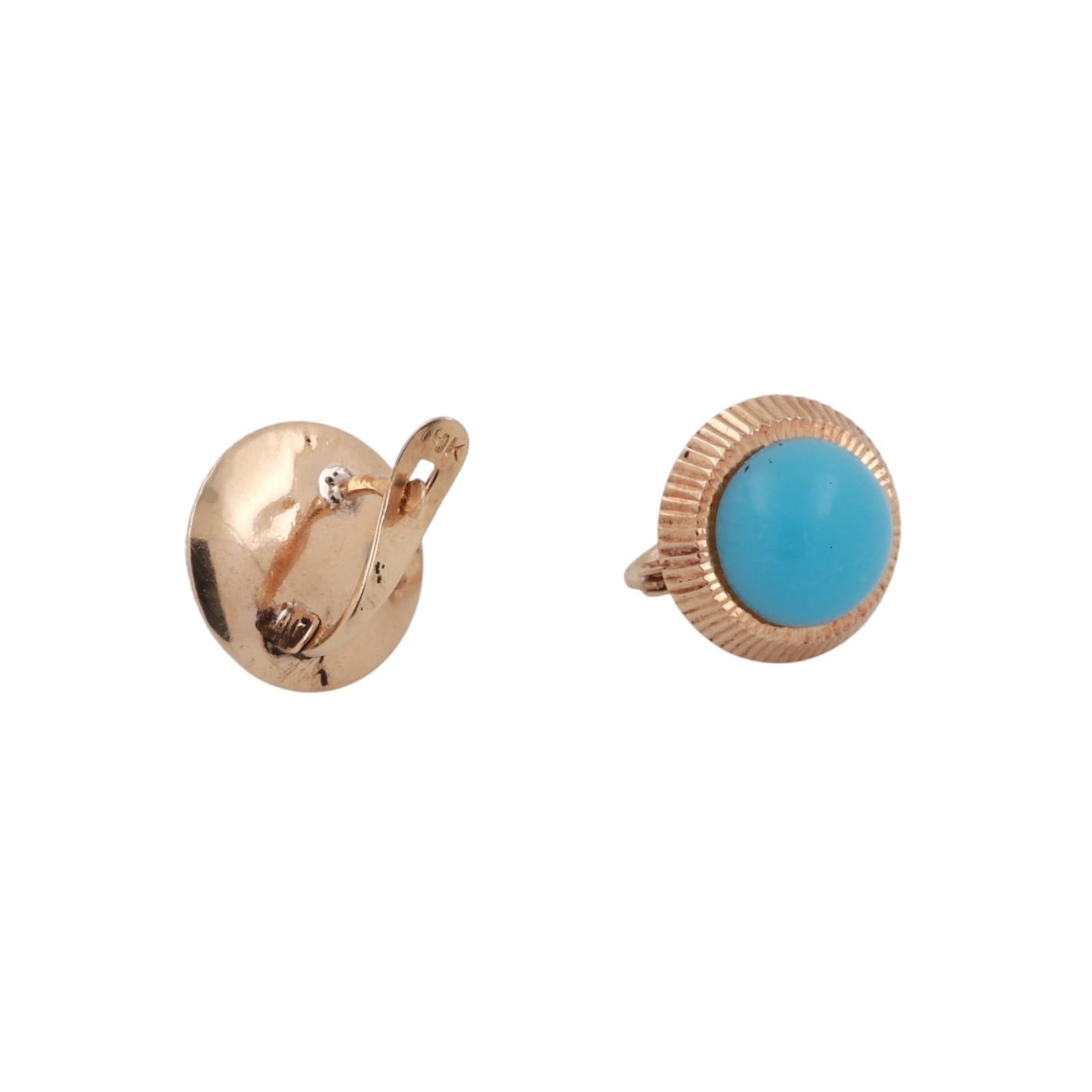 Round Turquoise Cabochon Stud Earrings 14K Yellow Gold Ladies Estate
