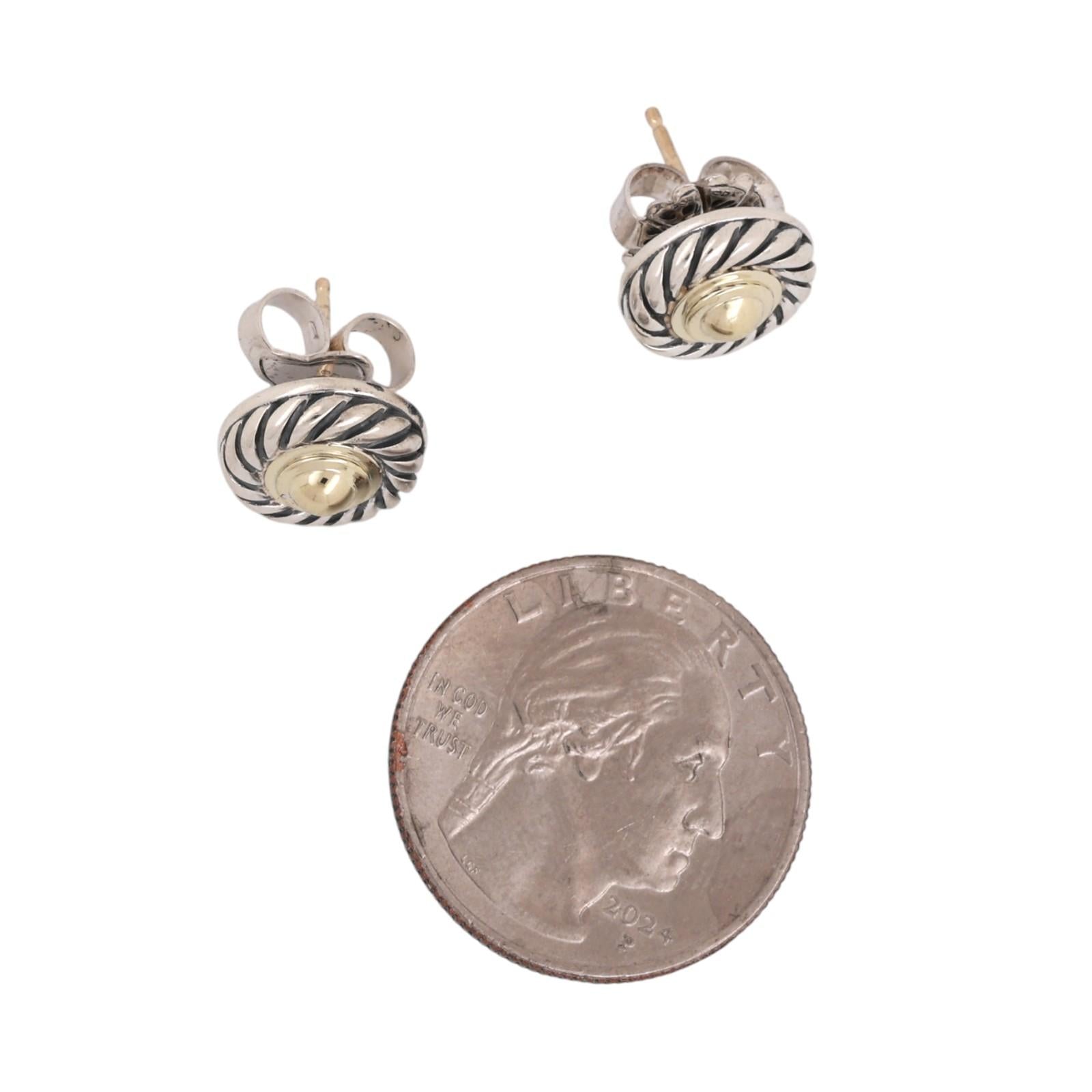 David Yurman Cable Cookie Earrings Sterling Silver 14K Yellow Gold 0.45" Ladies