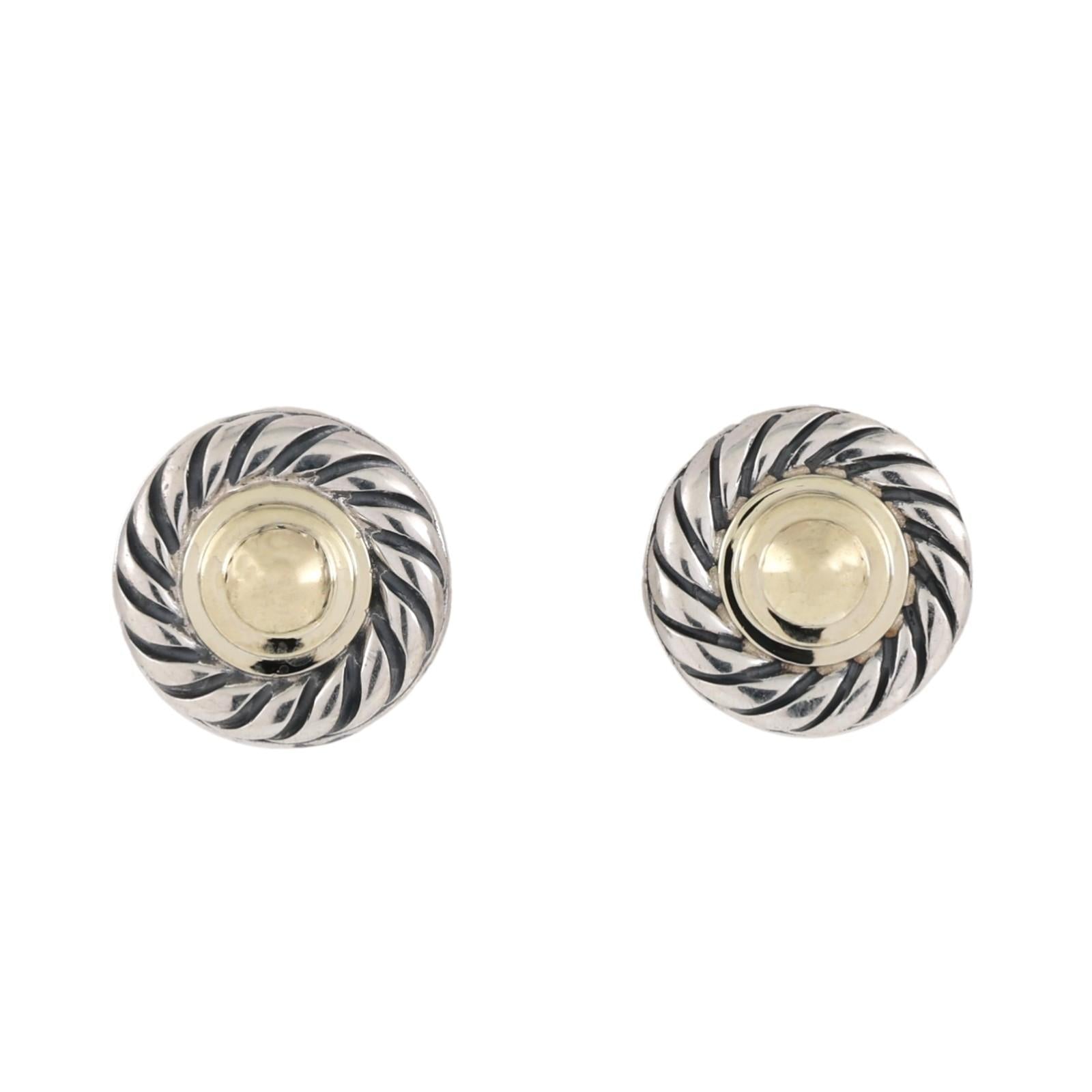 David Yurman Cable Cookie Earrings Sterling Silver 14K Yellow Gold 0.45" Ladies