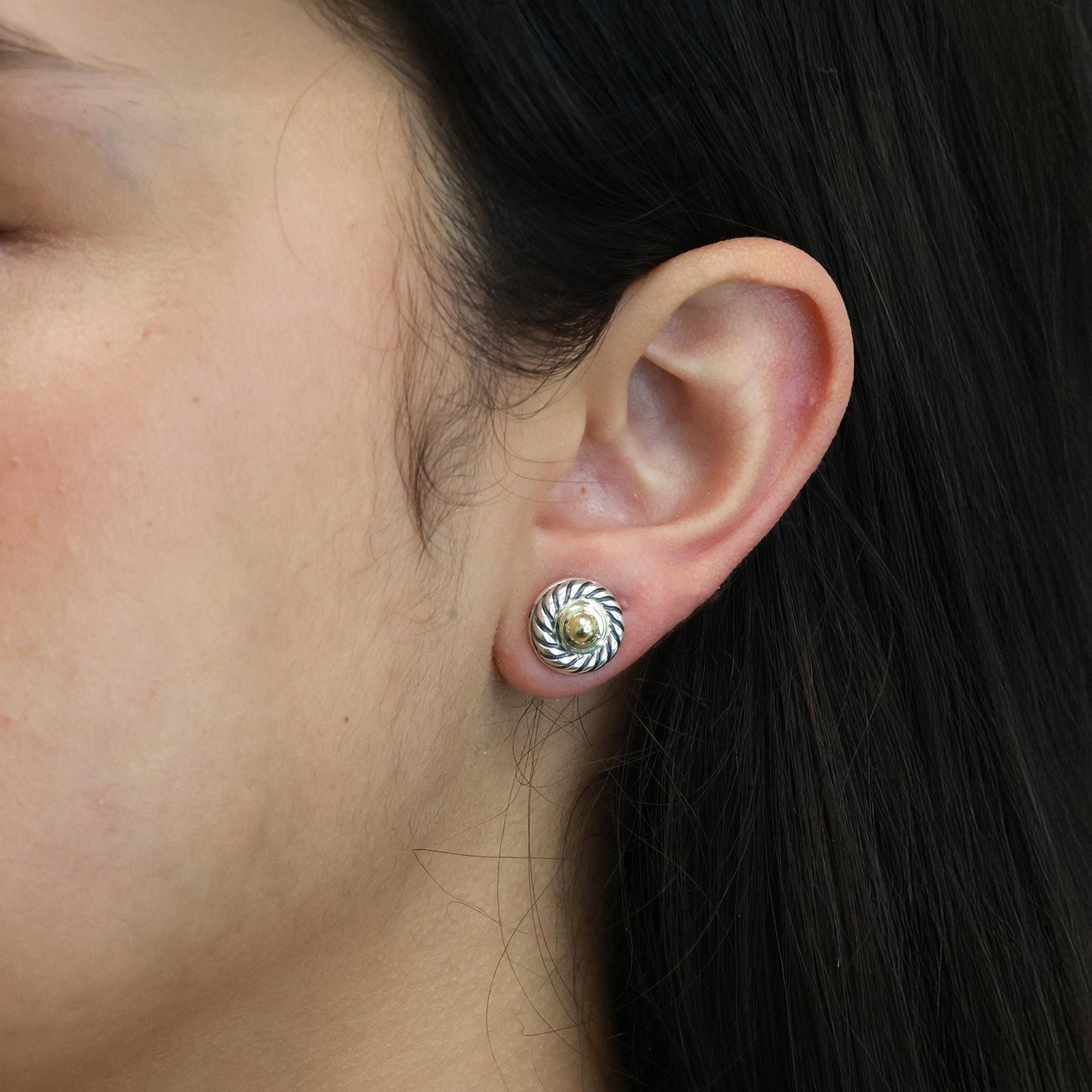 David Yurman Cable Cookie Earrings Sterling Silver 14K Yellow Gold 0.45" Ladies