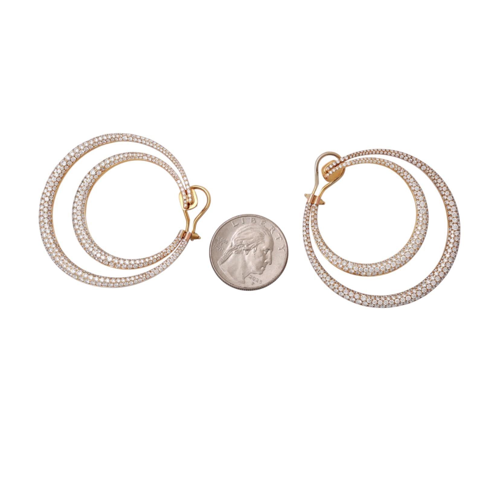 18K Yellow Gold 16.50CTW Natural Cluster Diamond Double Hoop Omega Back Earrings
