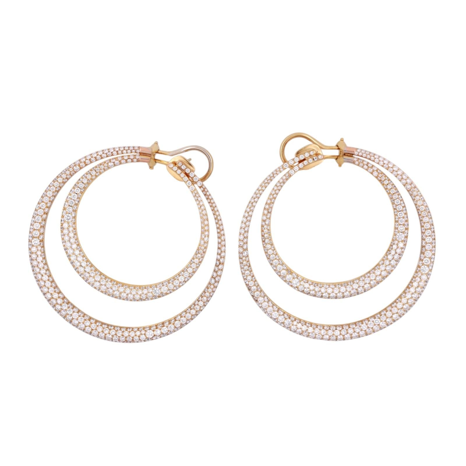 18K Yellow Gold 16.50CTW Natural Cluster Diamond Double Hoop Omega Back Earrings