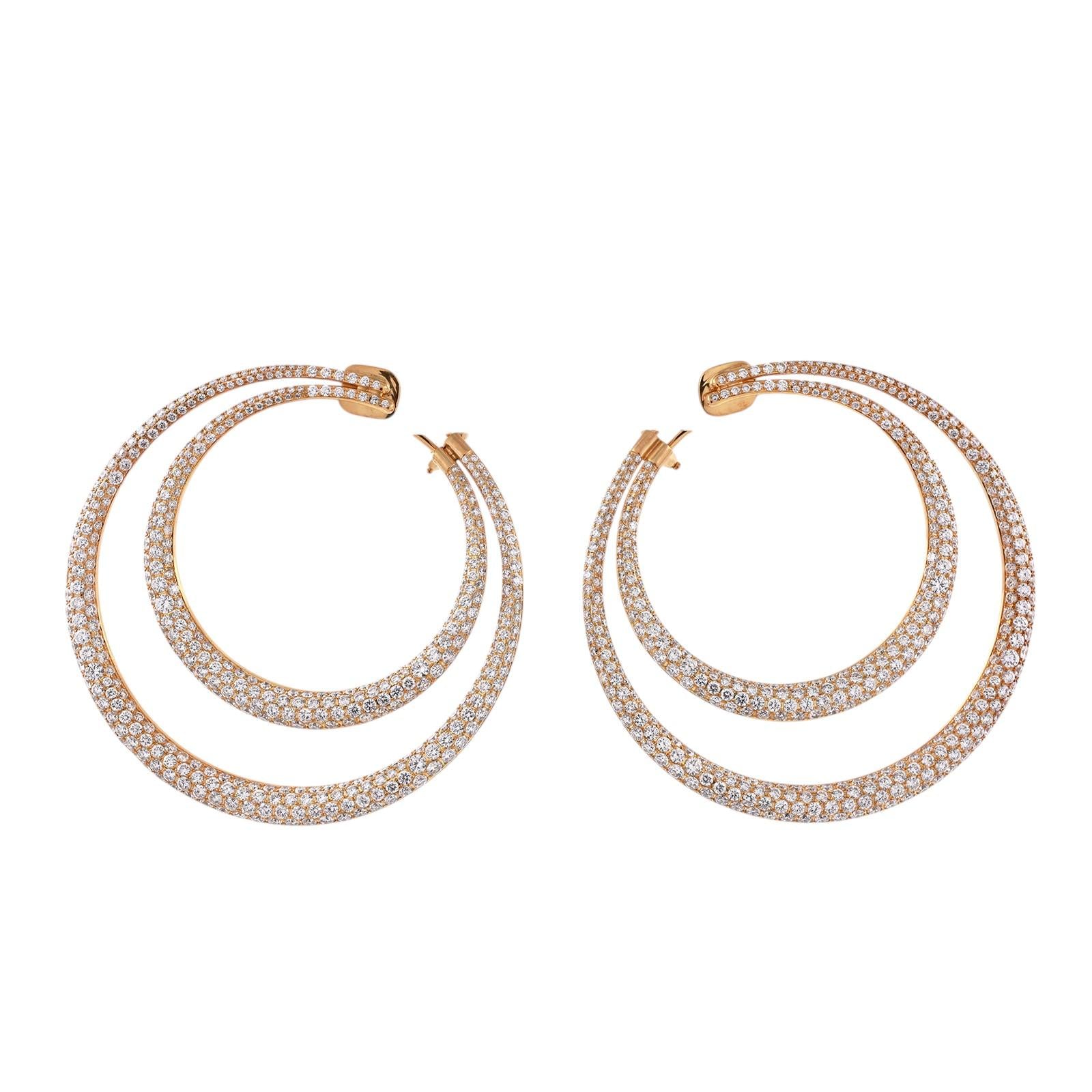 18K Yellow Gold 16.50CTW Natural Cluster Diamond Double Hoop Omega Back Earrings