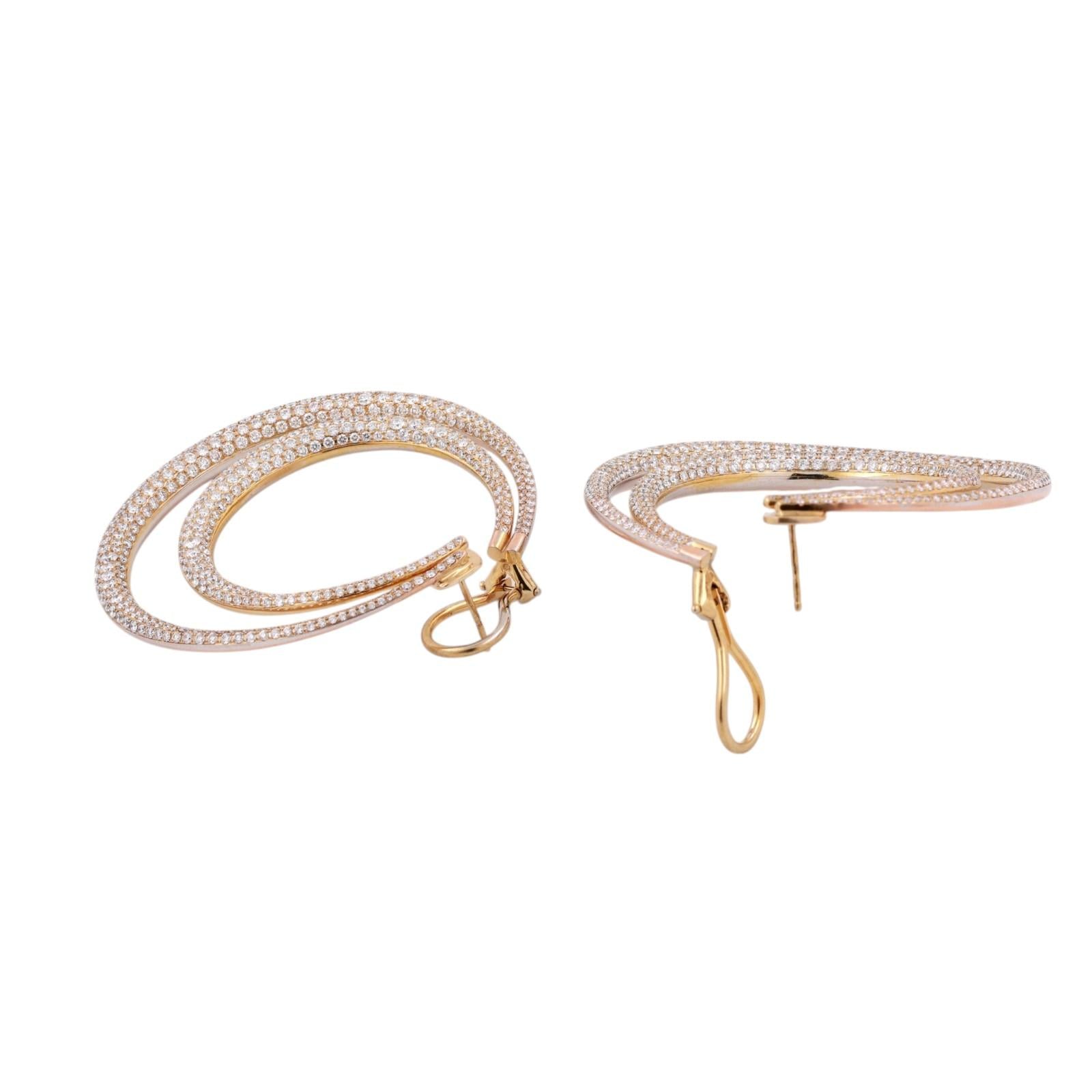 18K Yellow Gold 16.50CTW Natural Cluster Diamond Double Hoop Omega Back Earrings