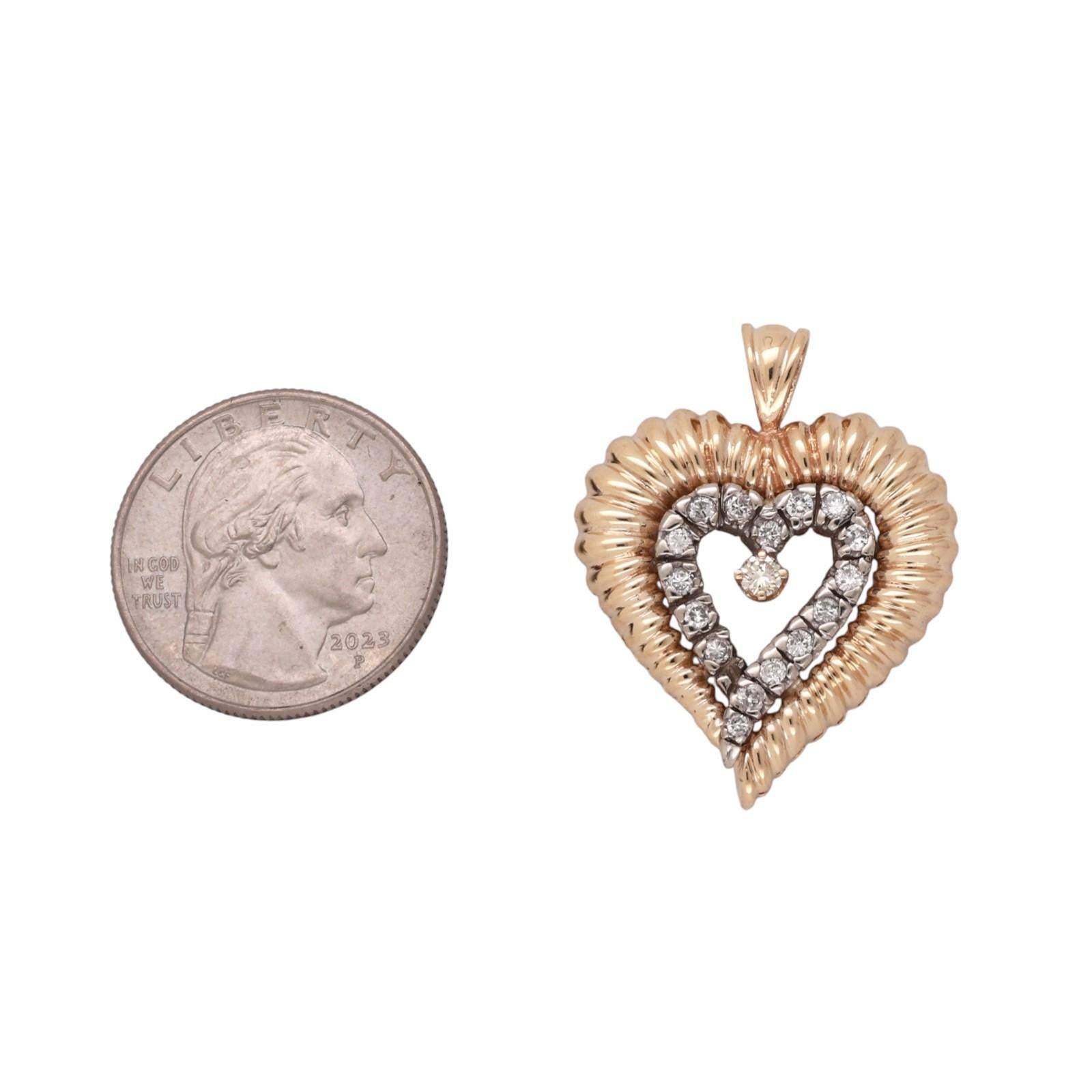 Two Tone Gold Diamond Heart Pendant 0.55 CTW Vintage Cluster 1.33"