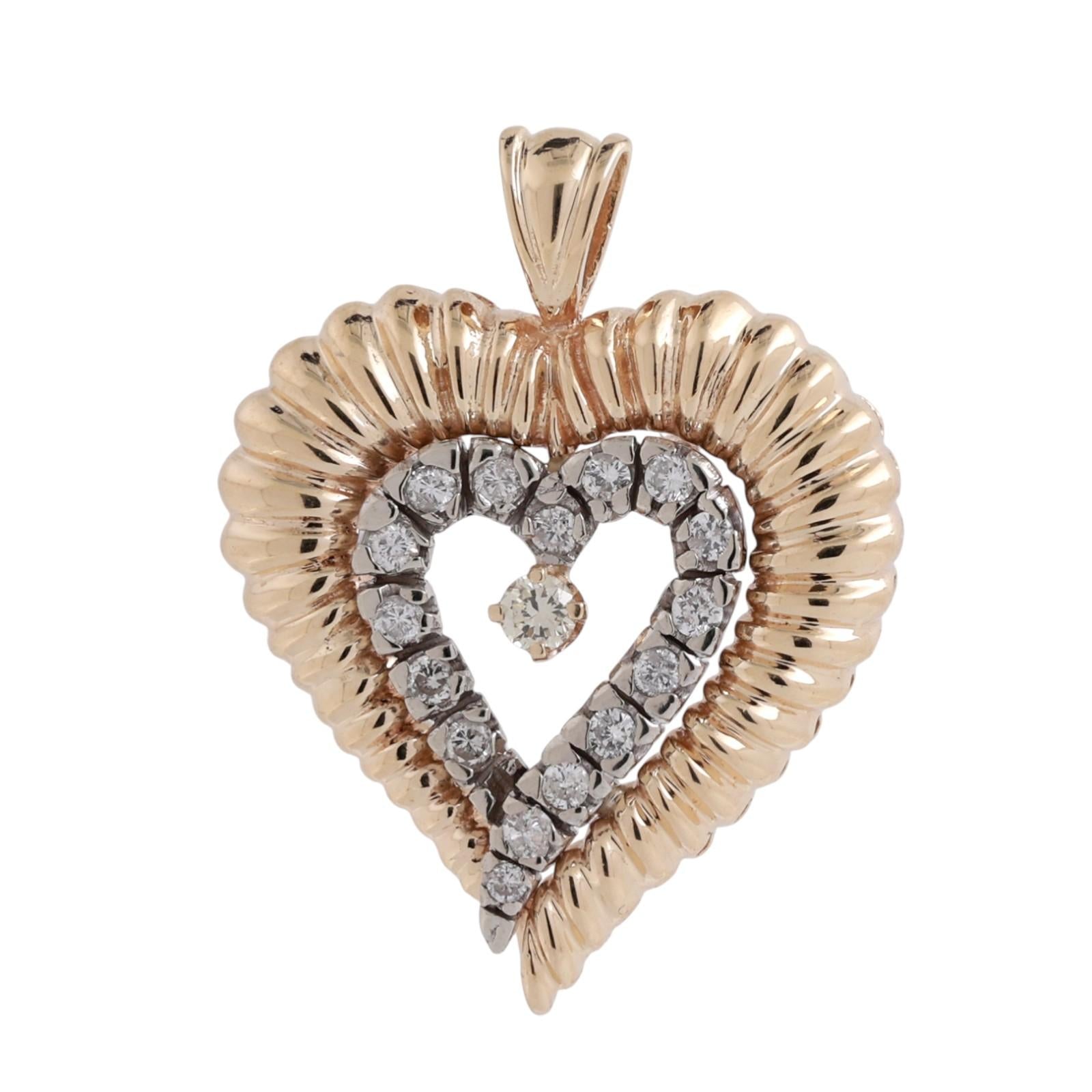 Two Tone Gold Diamond Heart Pendant 0.55 CTW Vintage Cluster 1.33"