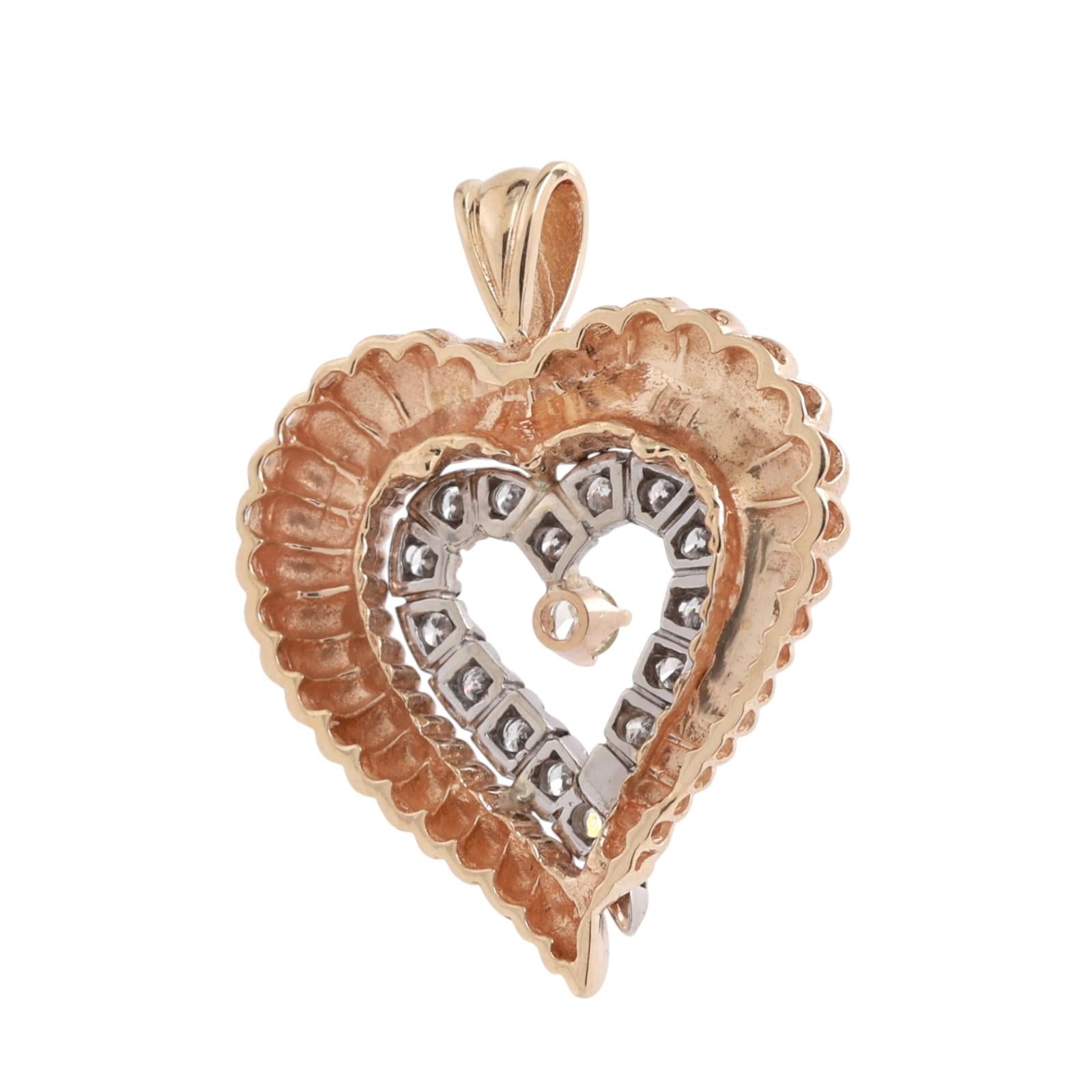Two Tone Gold Diamond Heart Pendant 0.55 CTW Vintage Cluster 1.33"