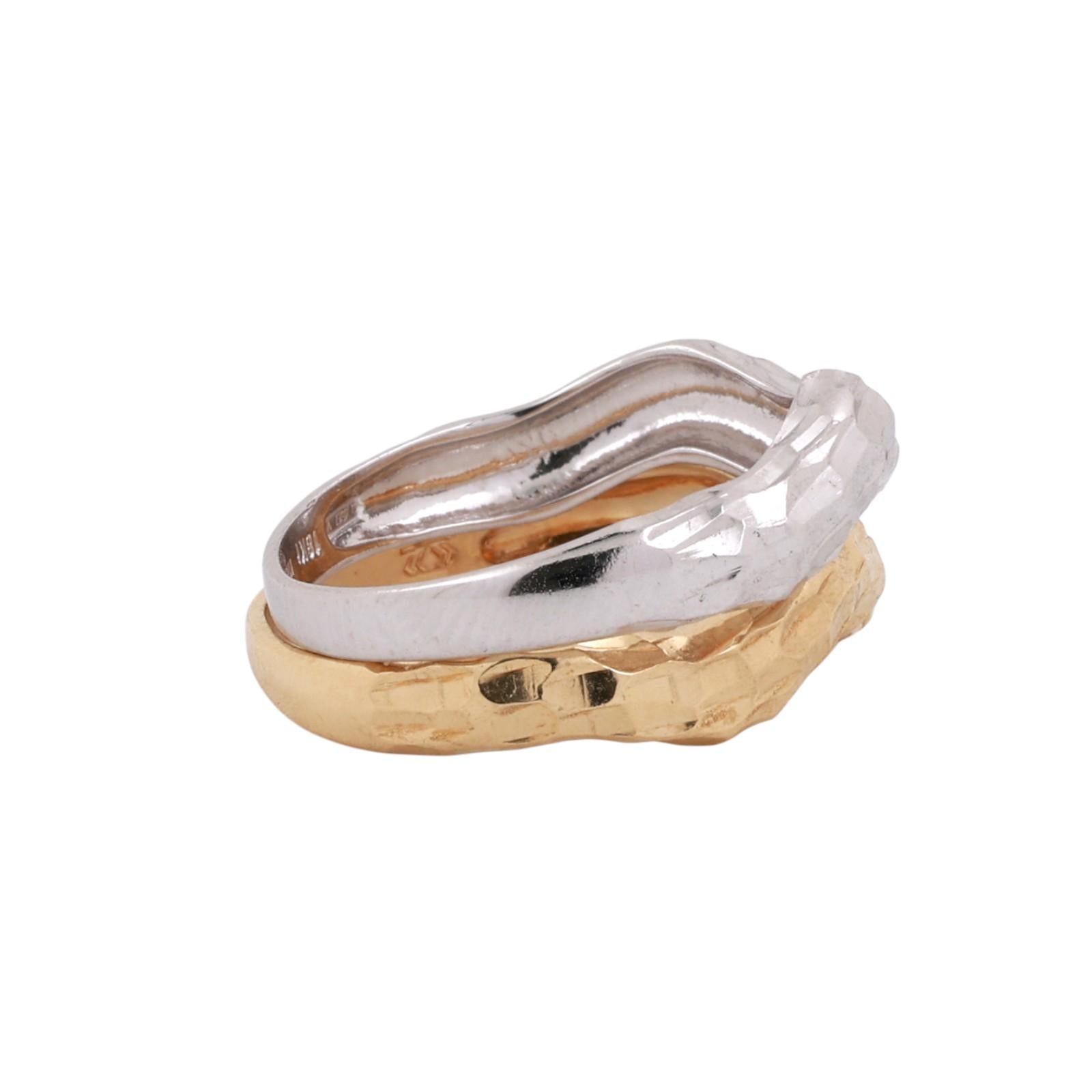 Italian Two Tone Gold Hammered Stacking Rings 18K White Yellow Gold Size 7