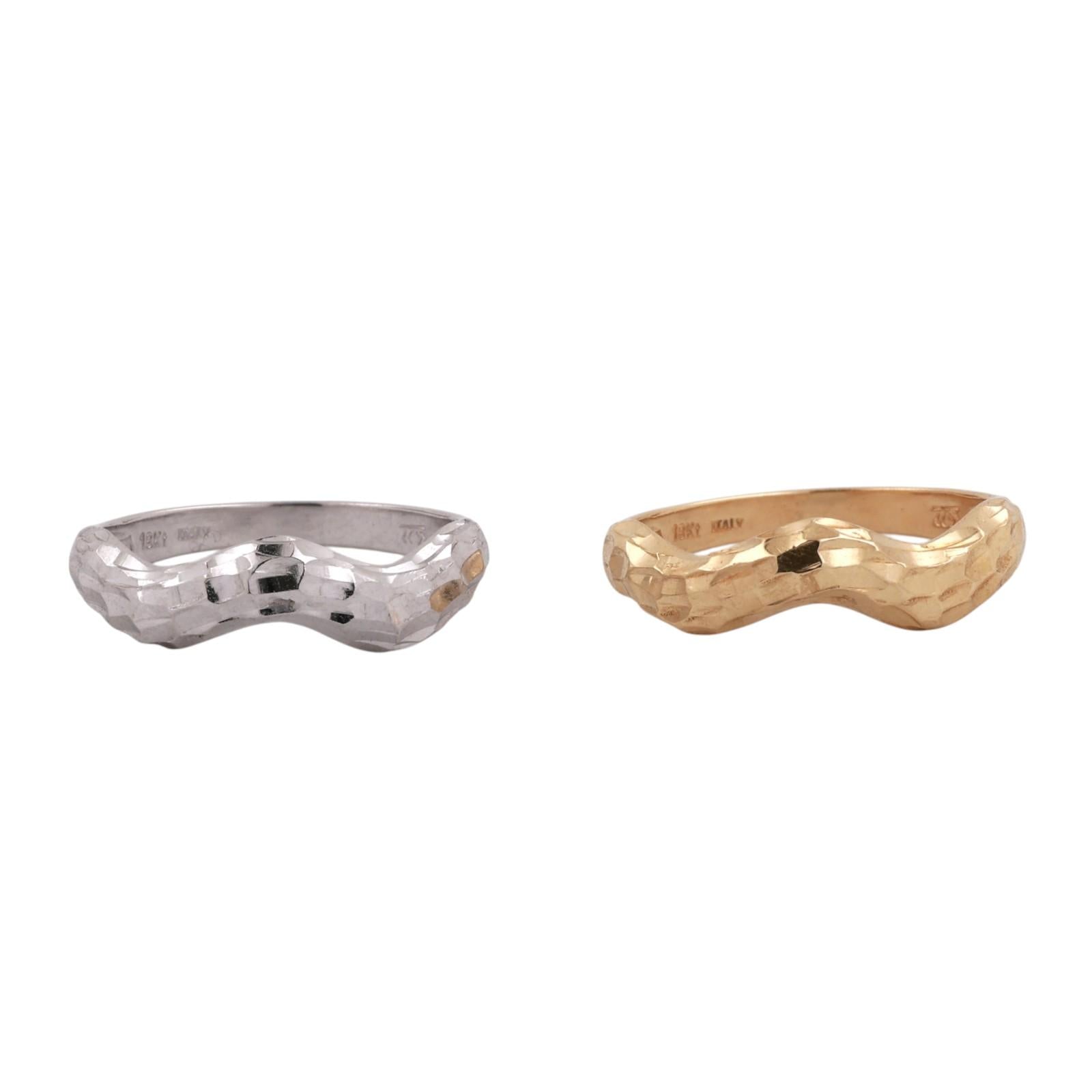 Italian Two Tone Gold Hammered Stacking Rings 18K White Yellow Gold Size 7