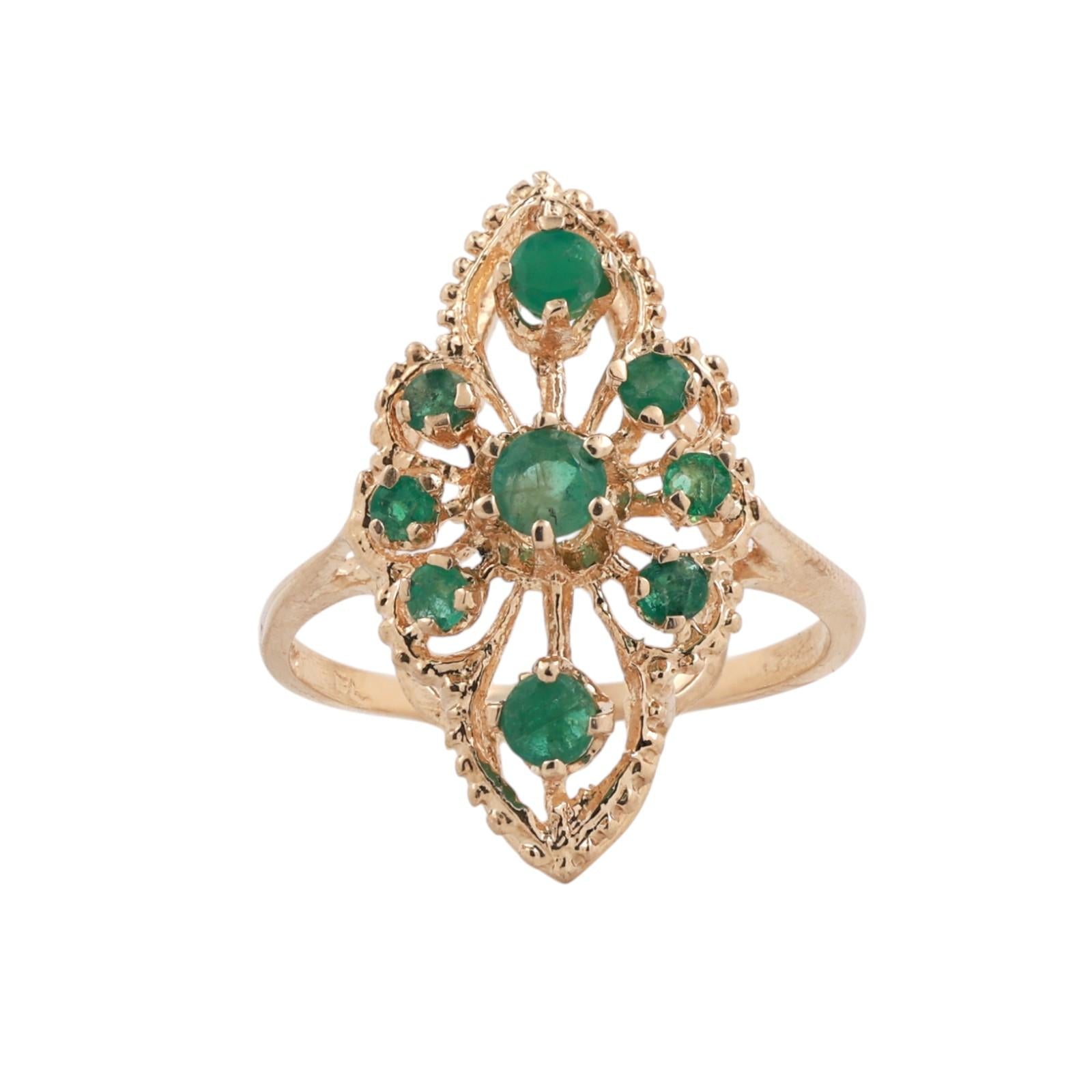 Vintage Emerald Filigree Floral Cocktail Ring Yellow Gold 0.53 CTW Size 8 Estate