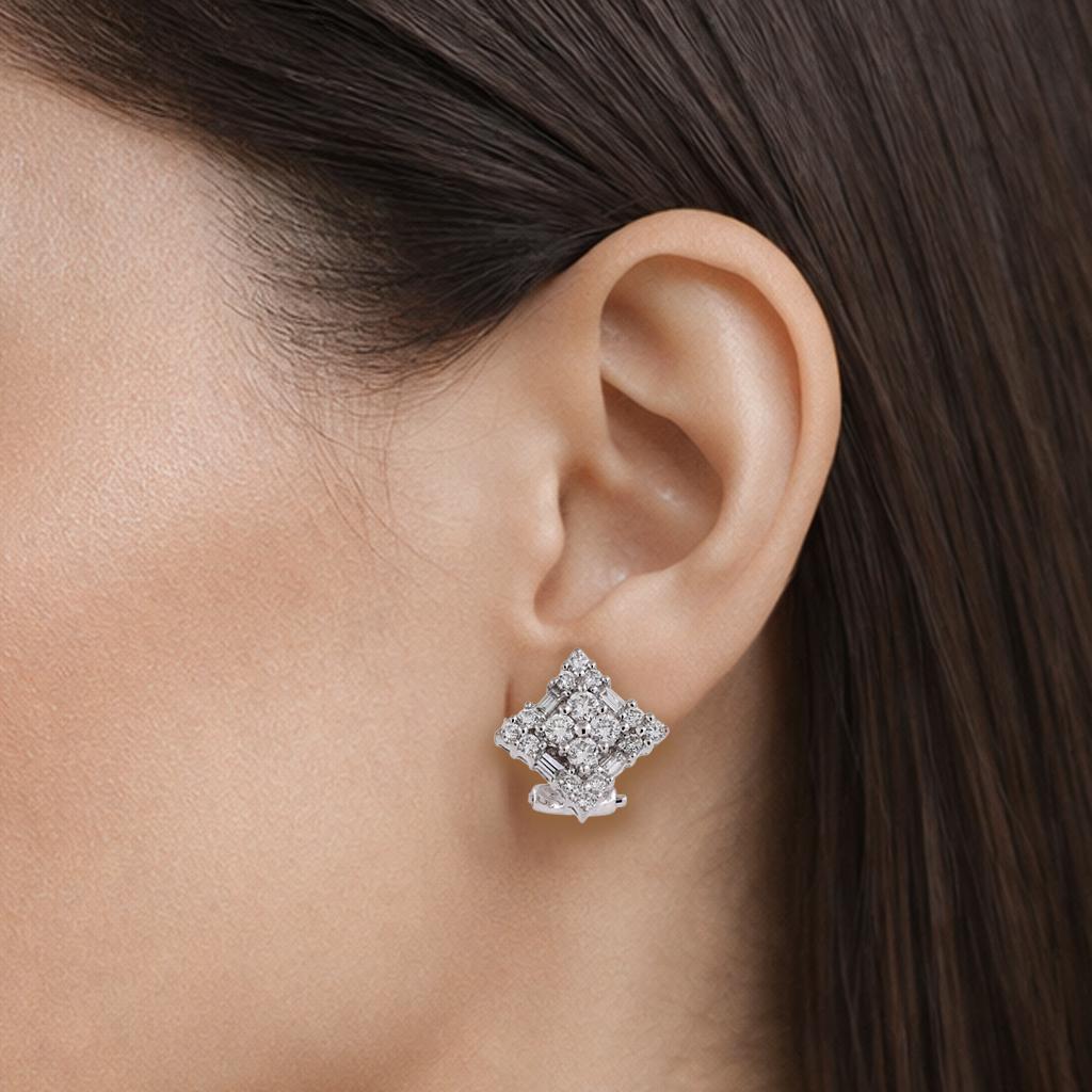 1.40CTW Diamond Cluster Earrings White Gold Omega Back 0.45" Vintage Estate