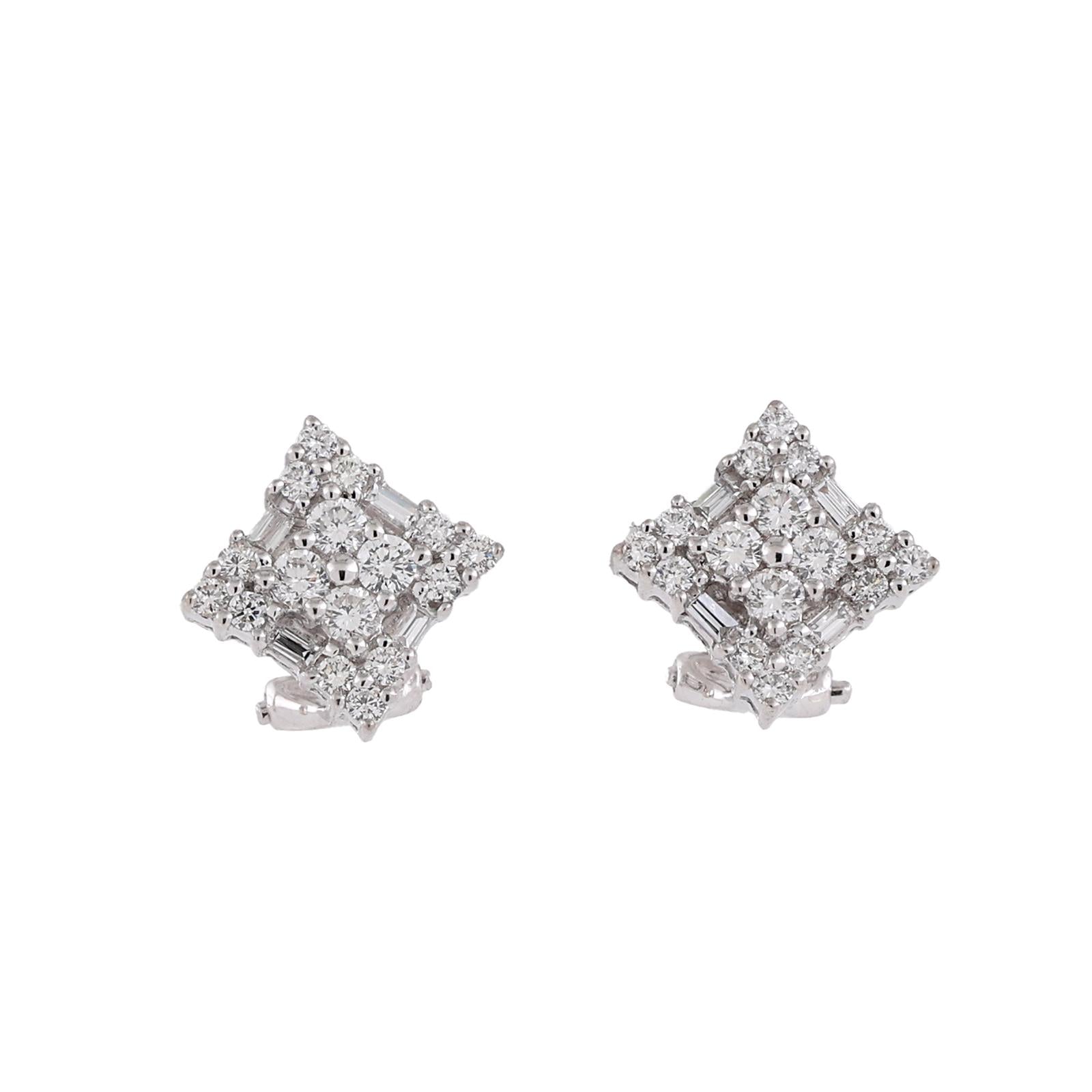1.40CTW Diamond Cluster Earrings White Gold Omega Back 0.45" Vintage Estate