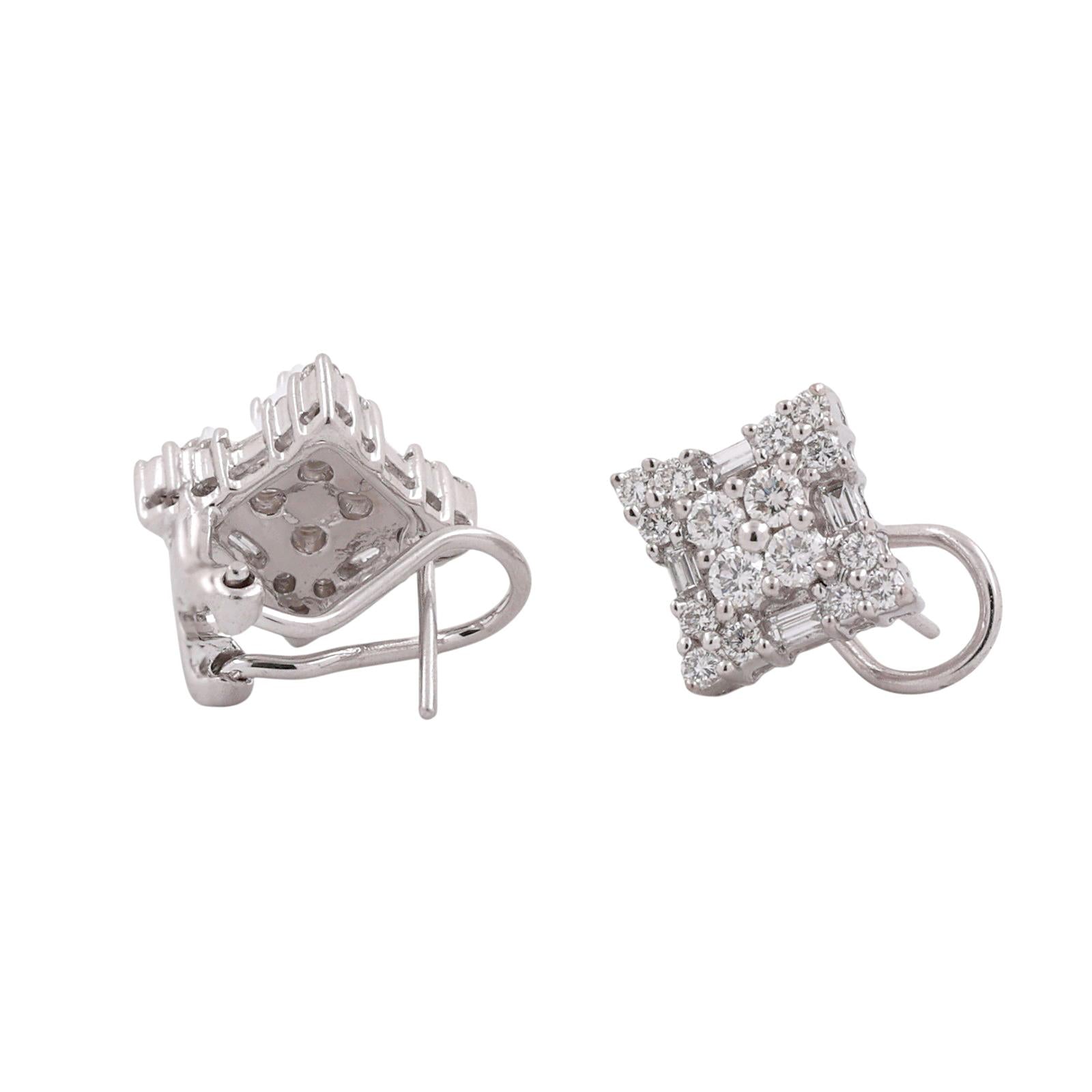 1.40CTW Diamond Cluster Earrings White Gold Omega Back 0.45" Vintage Estate