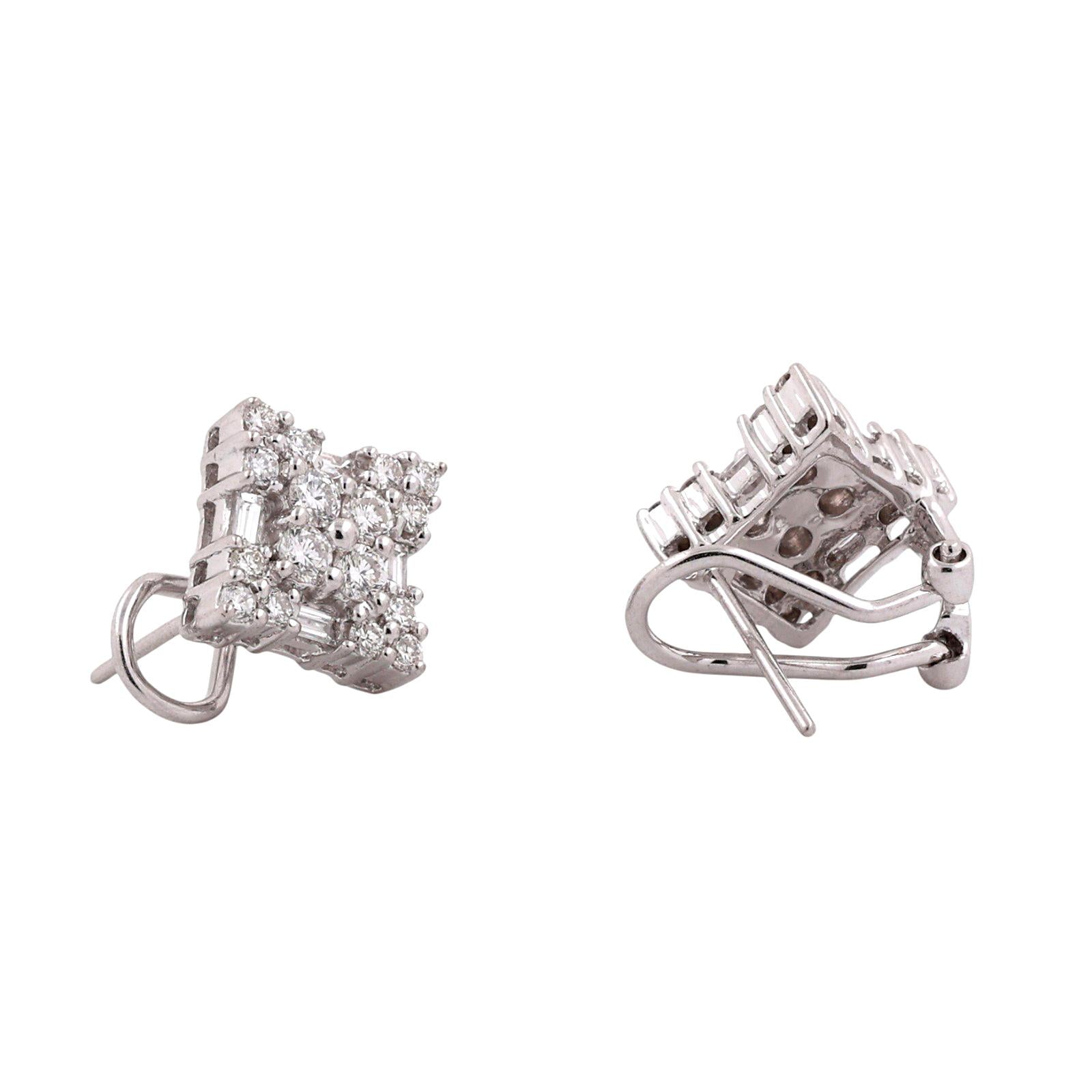 1.40CTW Diamond Cluster Earrings White Gold Omega Back 0.45" Vintage Estate