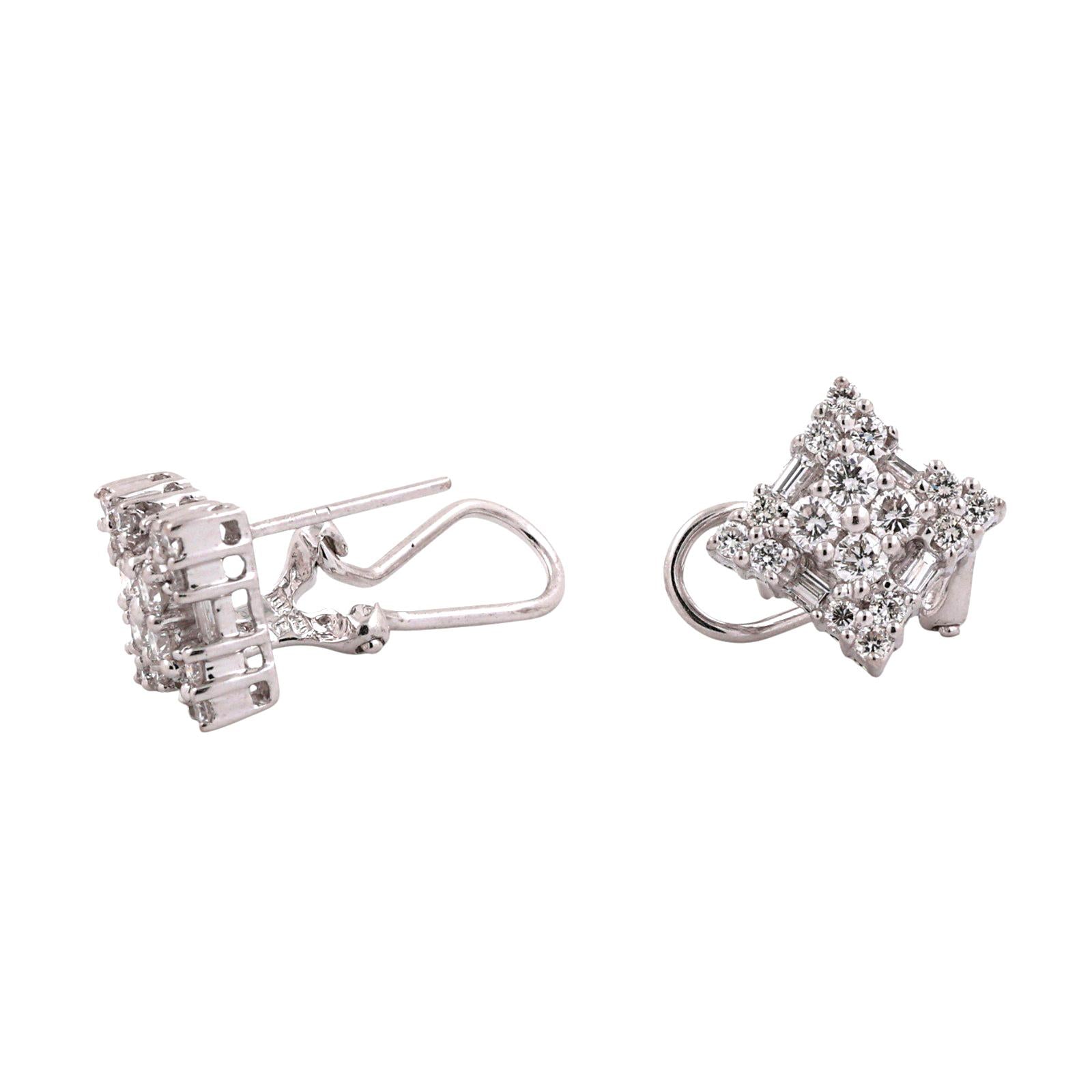 1.40CTW Diamond Cluster Earrings White Gold Omega Back 0.45" Vintage Estate