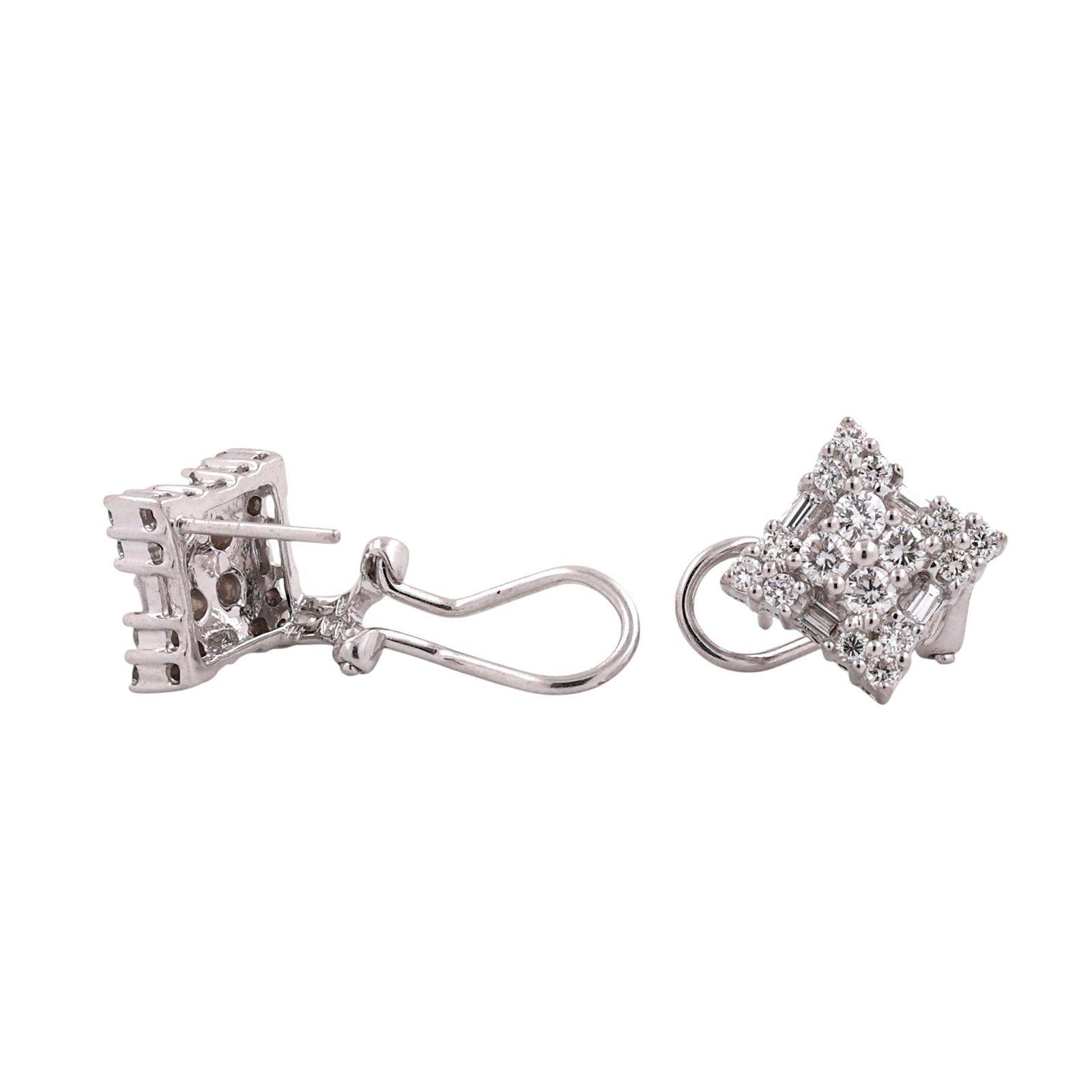 1.40CTW Diamond Cluster Earrings White Gold Omega Back 0.45" Vintage Estate