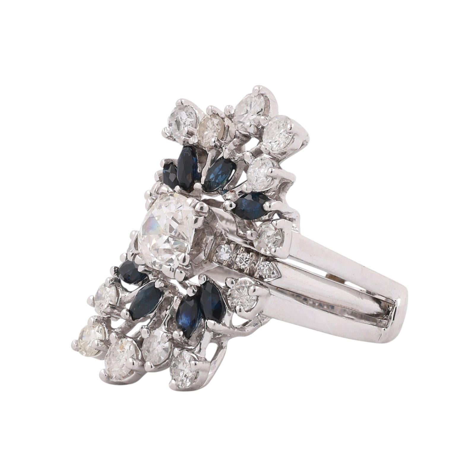 Vintage White Gold Old European Cut Diamond Sapphire Cluster Ring 3.39CTW