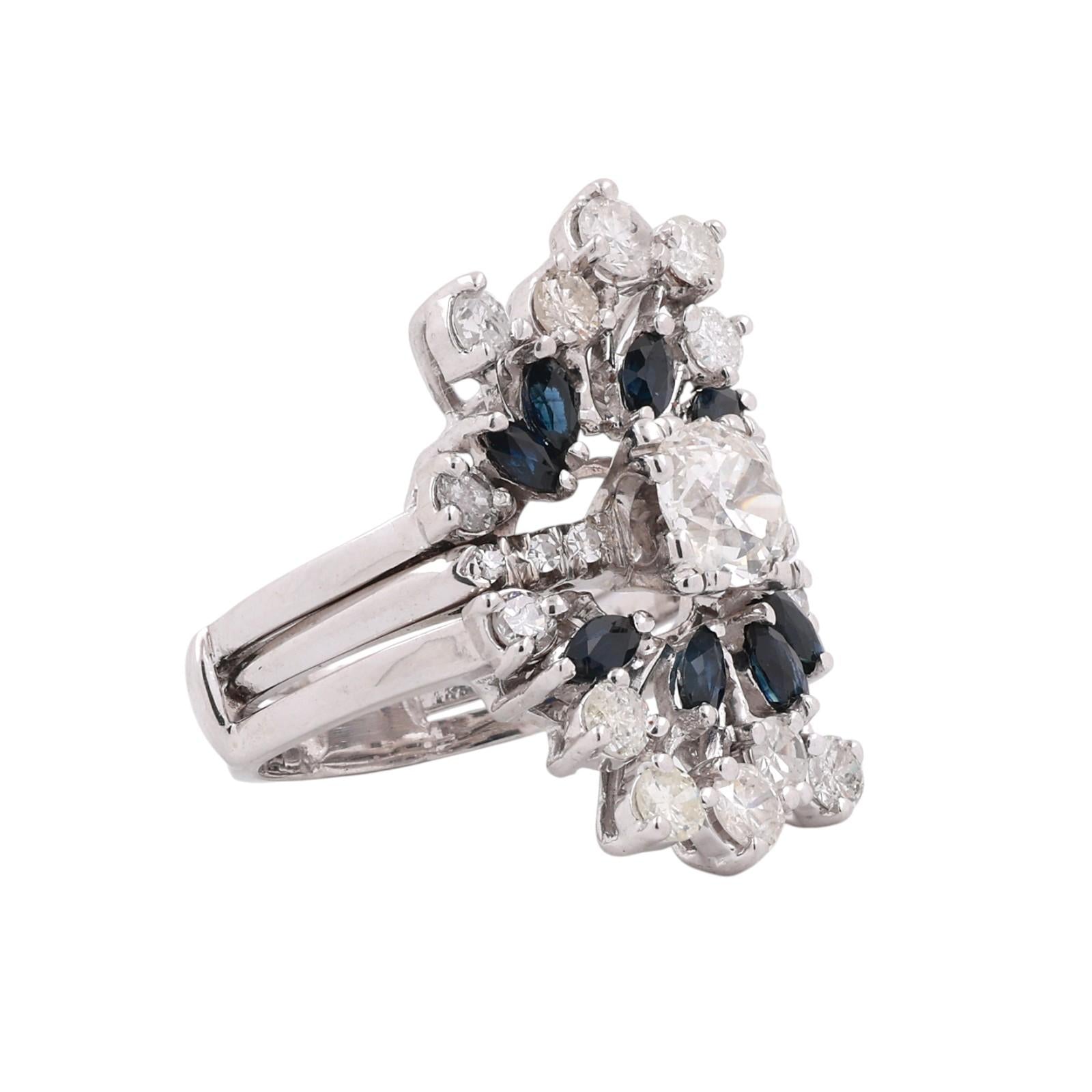 Vintage White Gold Old European Cut Diamond Sapphire Cluster Ring 3.39CTW